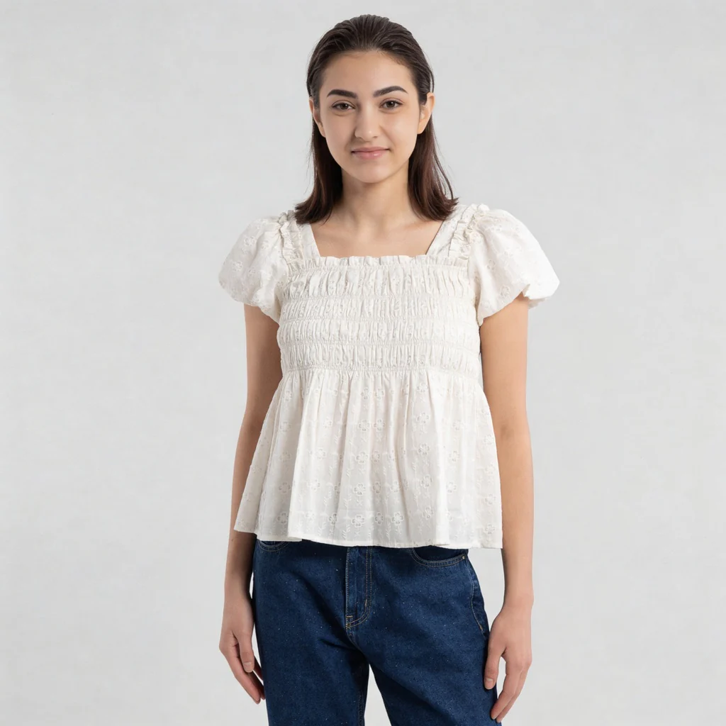 Cotton Printed Smocking Top With 3D Flowers Embelilshment - Image 2