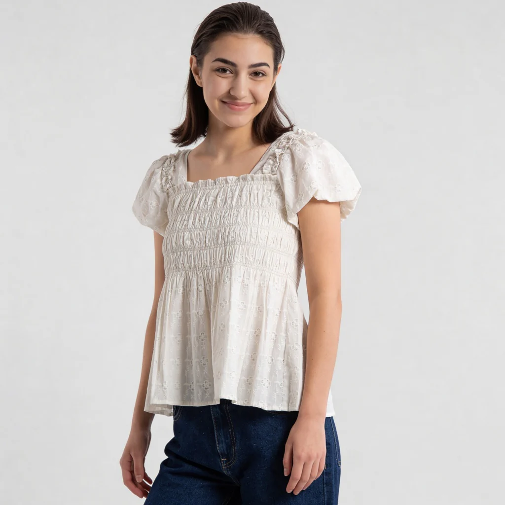 Cotton Printed Smocking Top With 3D Flowers Embelilshment - Image 5