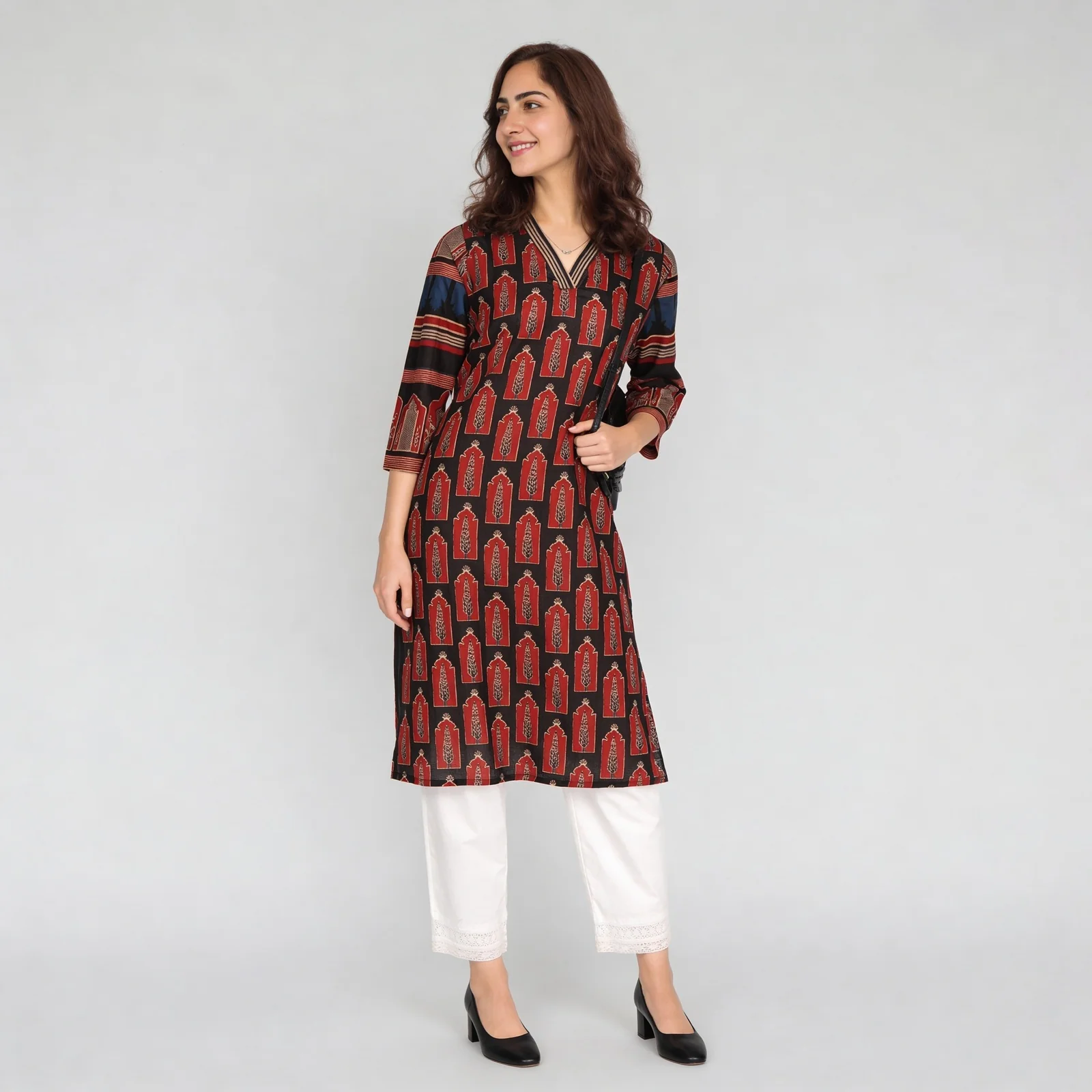Printed Cotton V-Neck Long Kurta