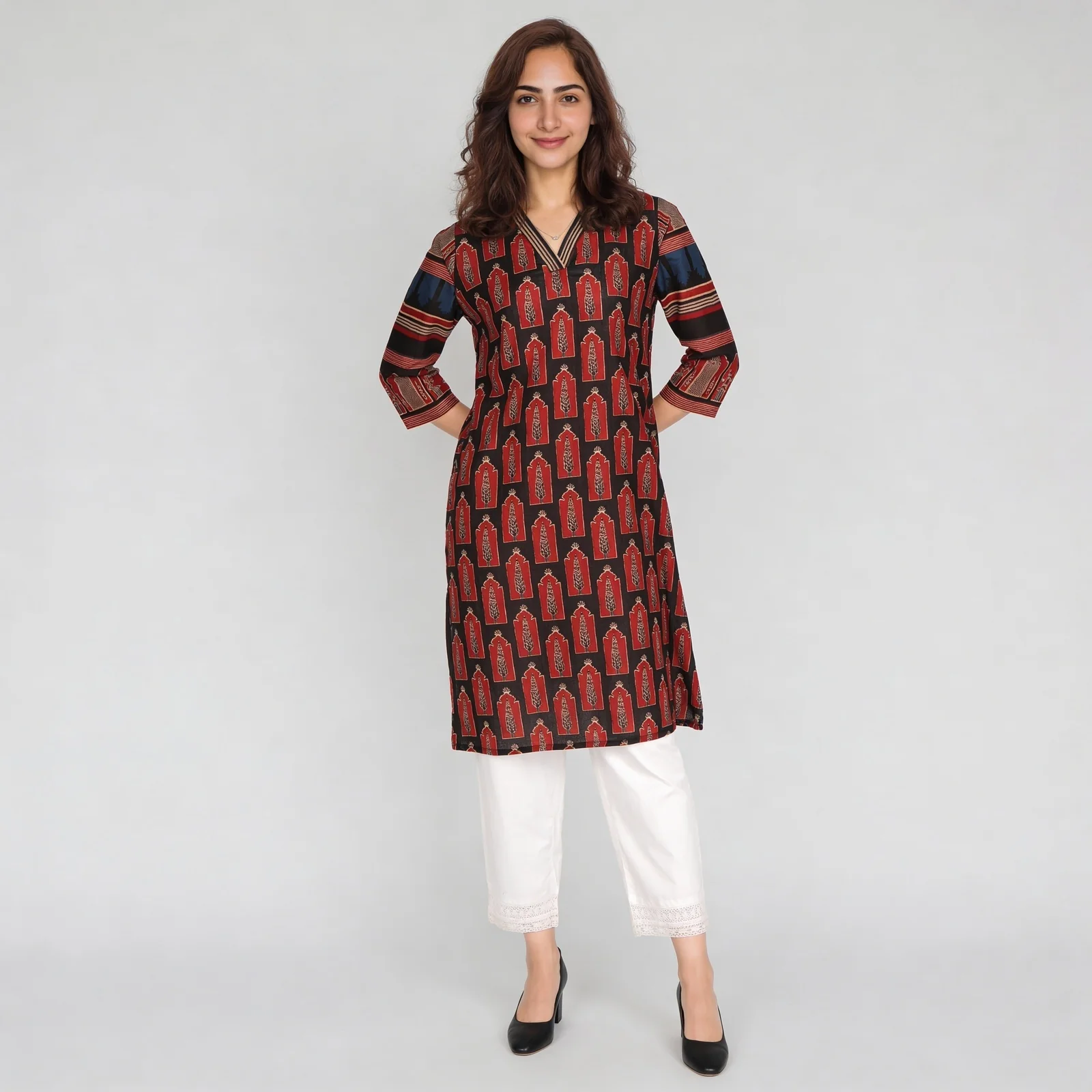 Printed Cotton V-Neck Long Kurta - Image 2