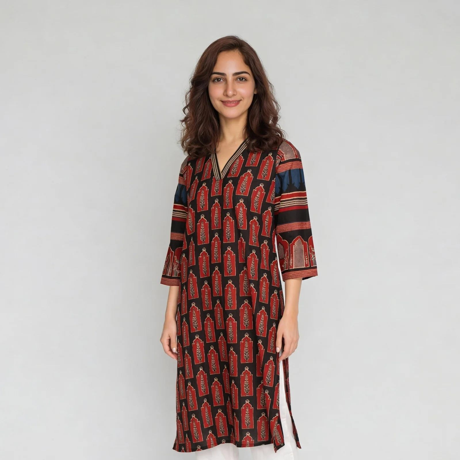 Printed Cotton V-Neck Long Kurta - Image 5