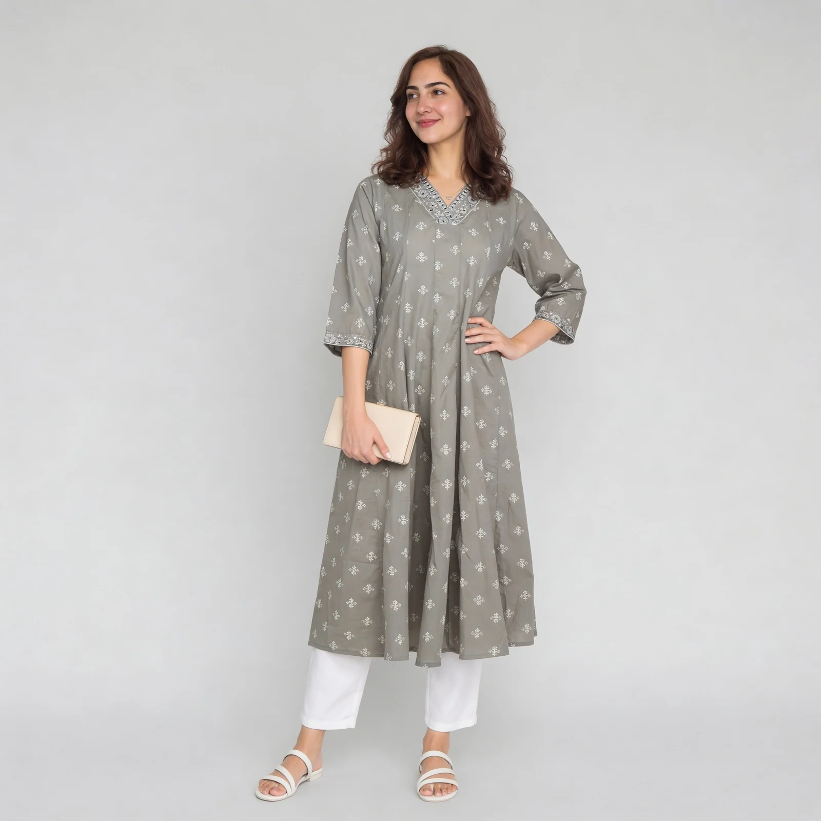 Printed V-Neck Kalidar Long Kurta