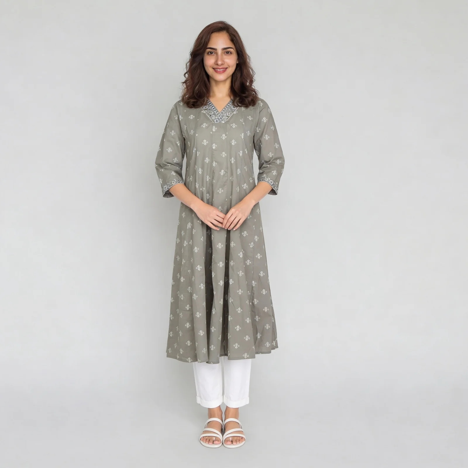 Printed V-Neck Kalidar Long Kurta - Image 2