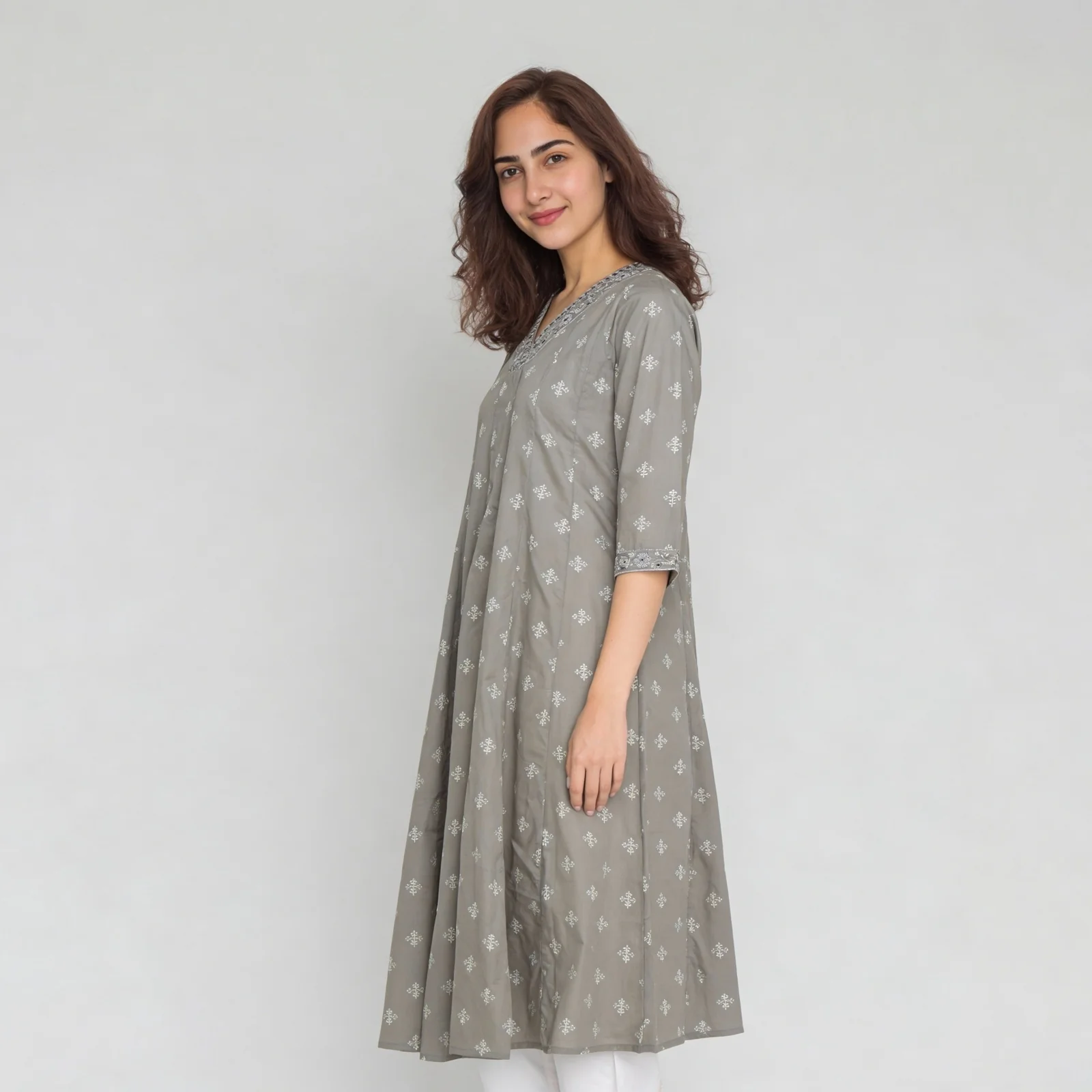 Printed V-Neck Kalidar Long Kurta - Image 5