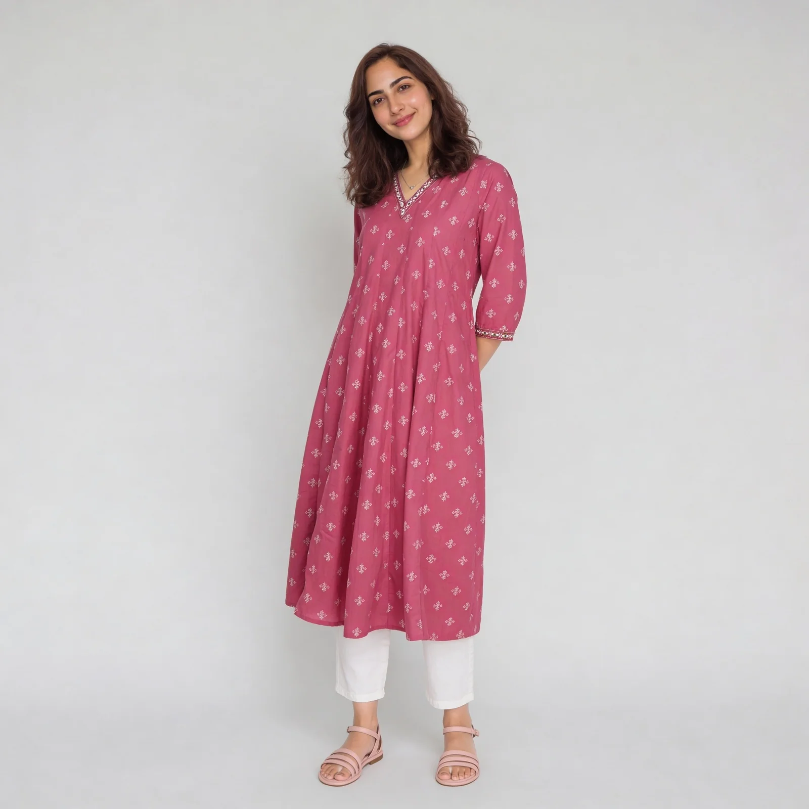 Printed V-Neck Kalidar Long Kurta