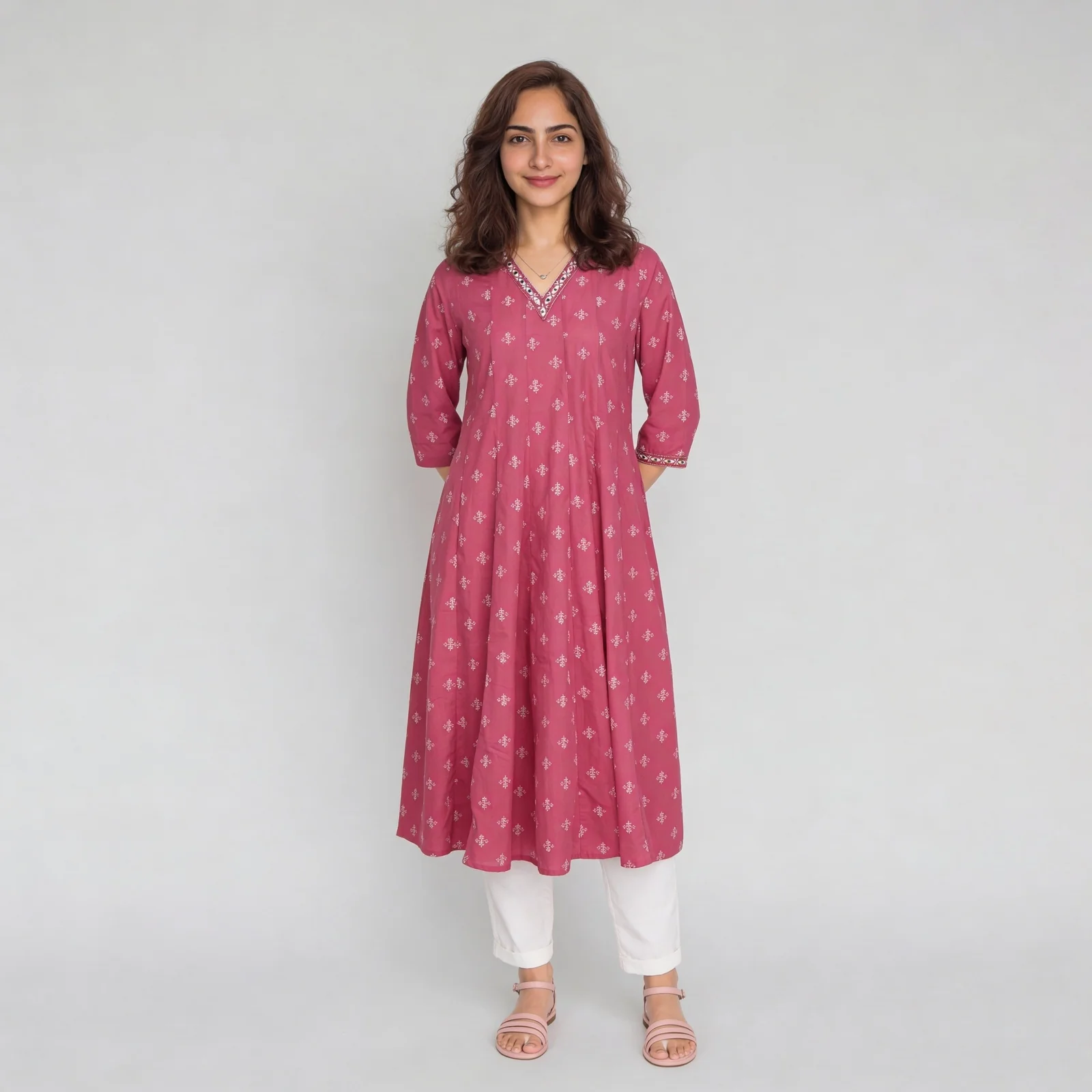 Printed V-Neck Kalidar Long Kurta - Image 2
