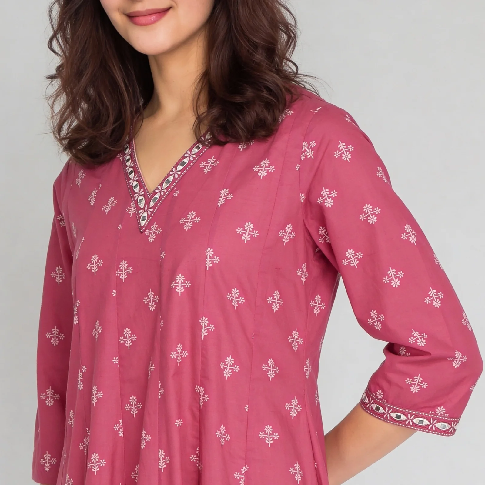 Printed V-Neck Kalidar Long Kurta - Image 4