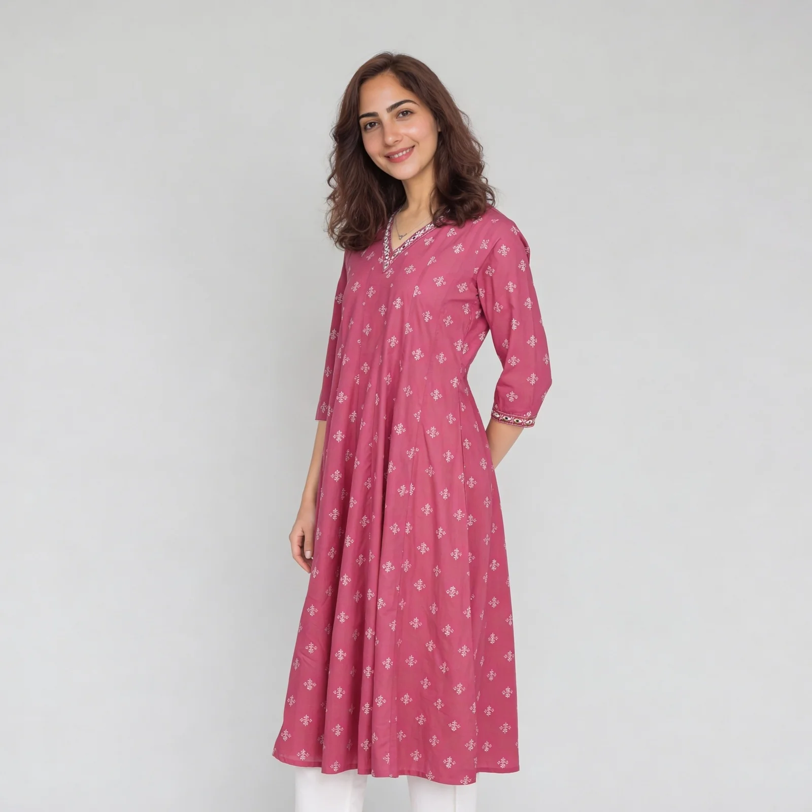 Printed V-Neck Kalidar Long Kurta - Image 5