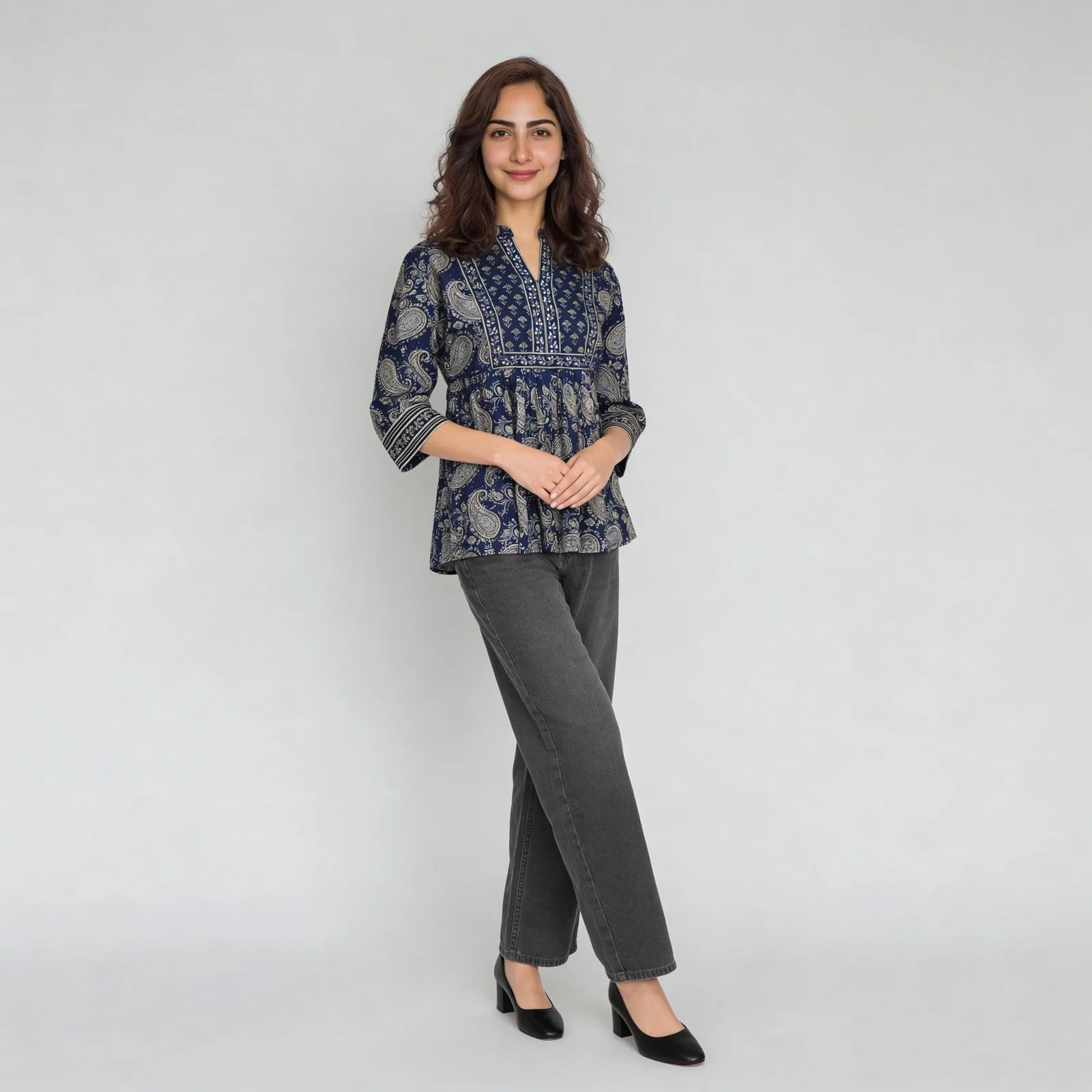 Printed Band Collar Flared Short Kurti