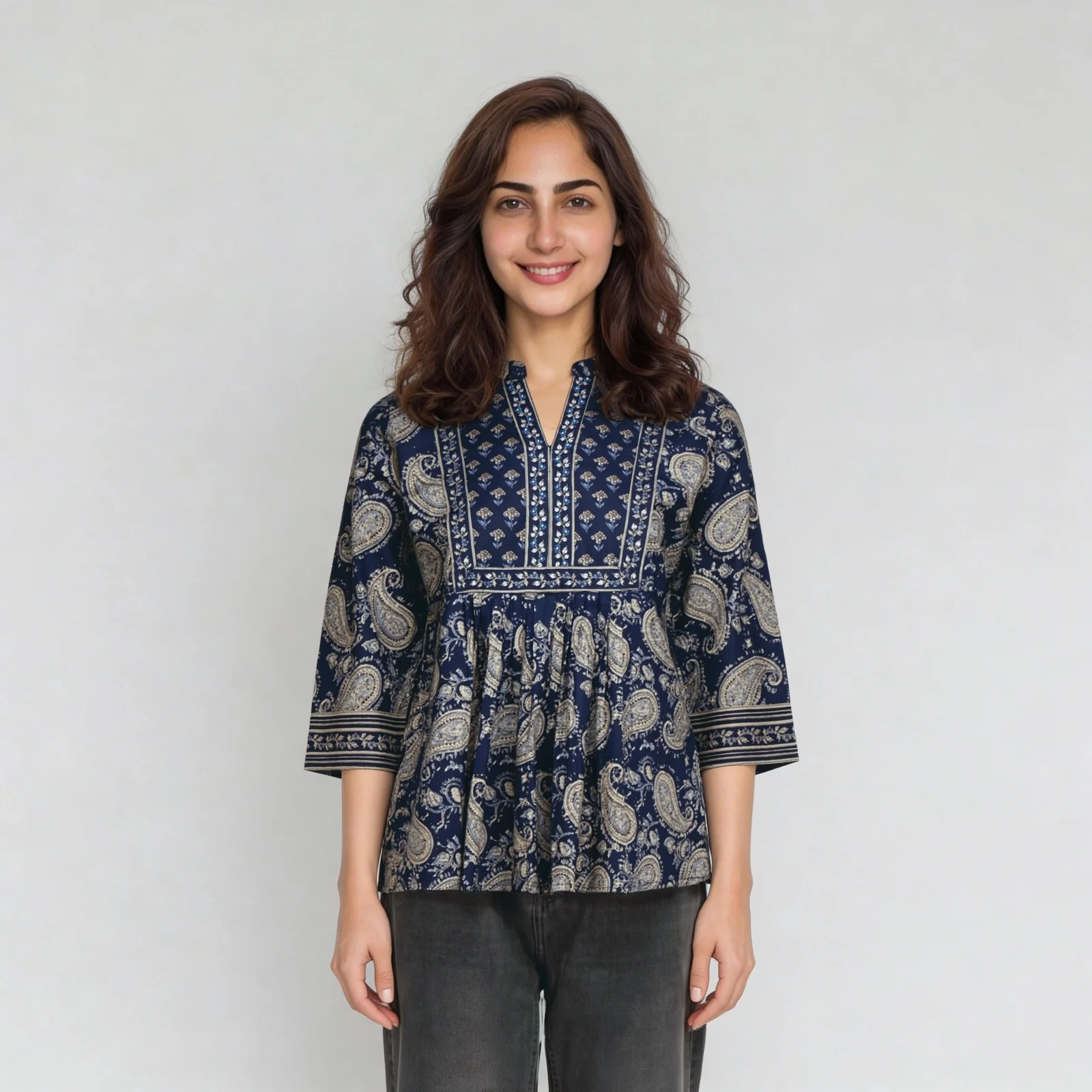Printed Band Collar Flared Short Kurti - Image 2