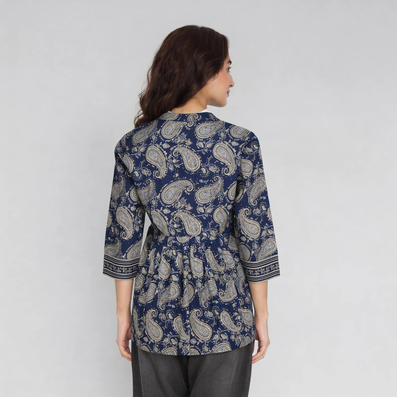 Printed Band Collar Flared Short Kurti - Image 3