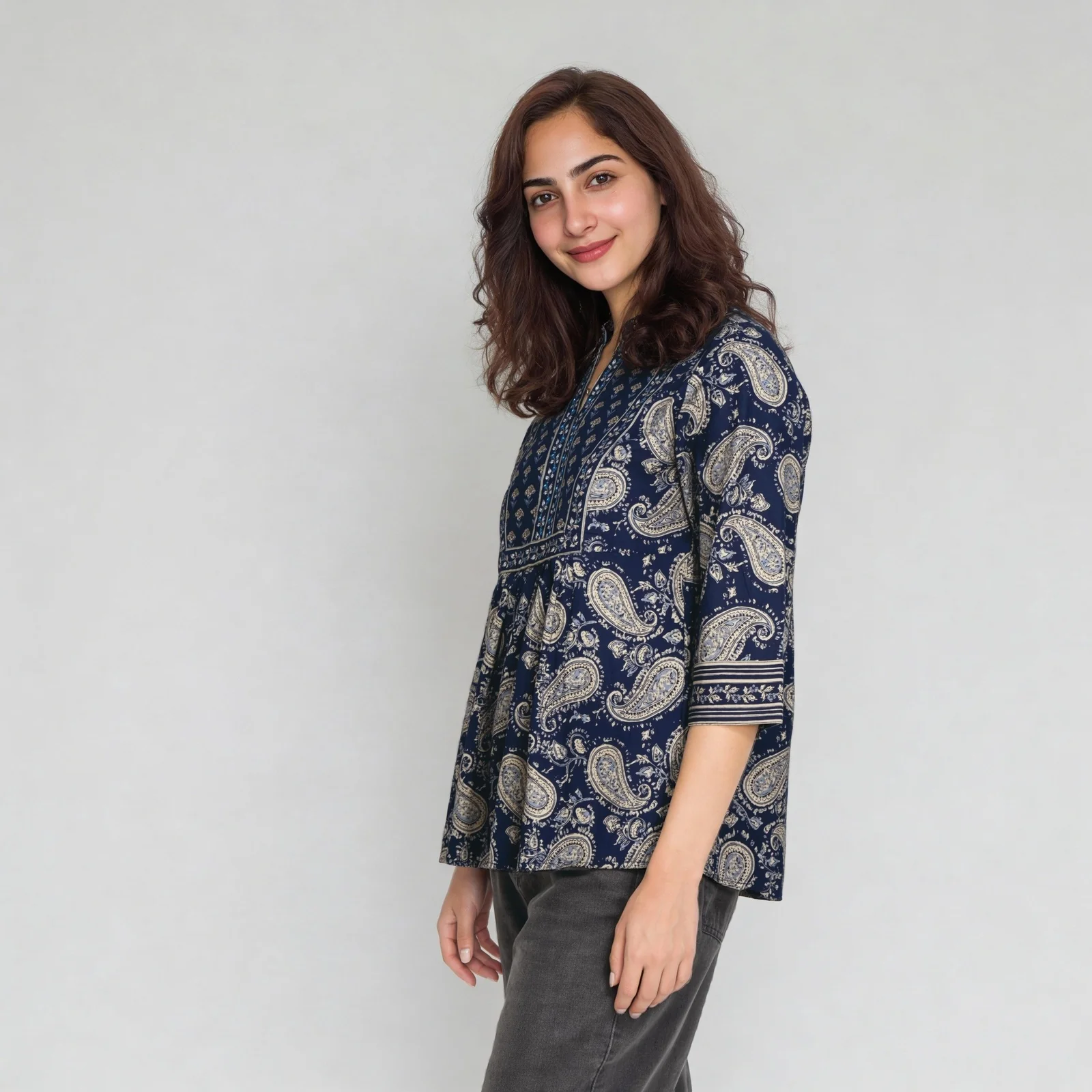 Printed Band Collar Flared Short Kurti - Image 5