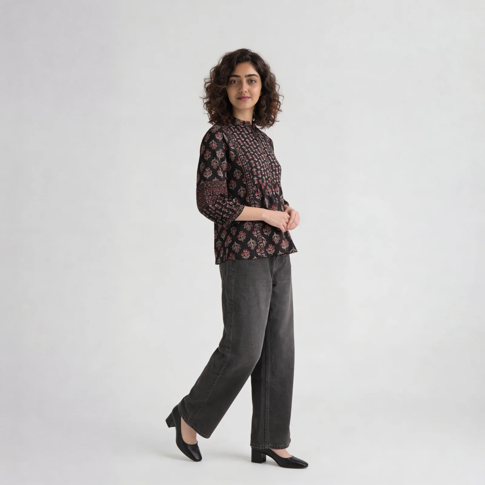 Printed Band Collar Short Kurta
