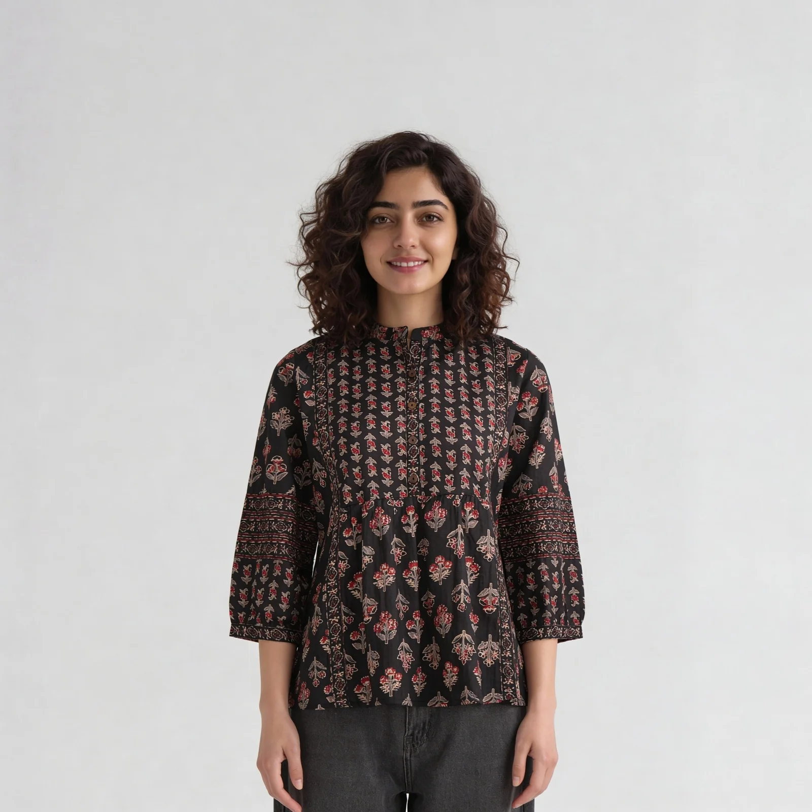 Printed Band Collar Short Kurta - Image 2