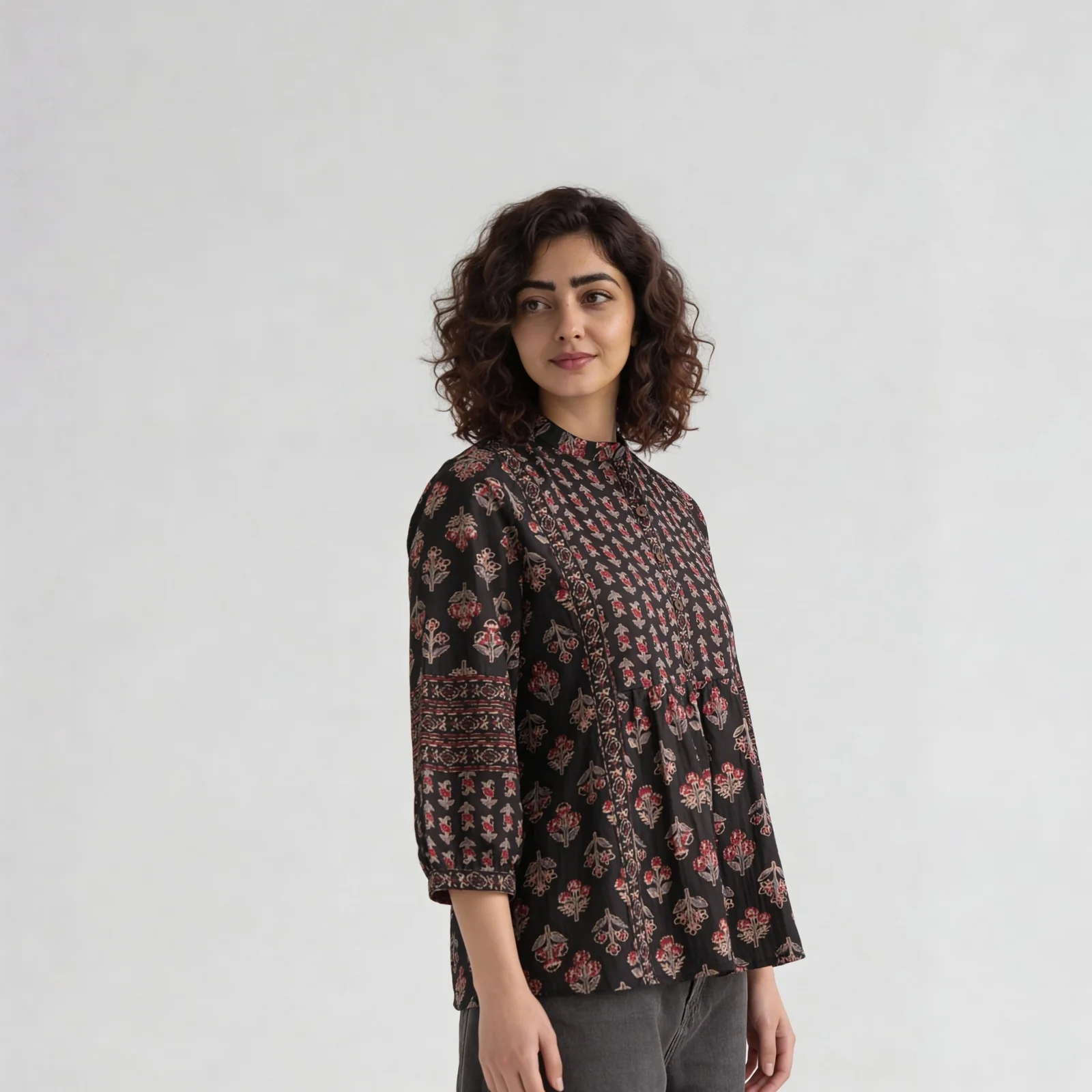 Printed Band Collar Short Kurta - Image 5