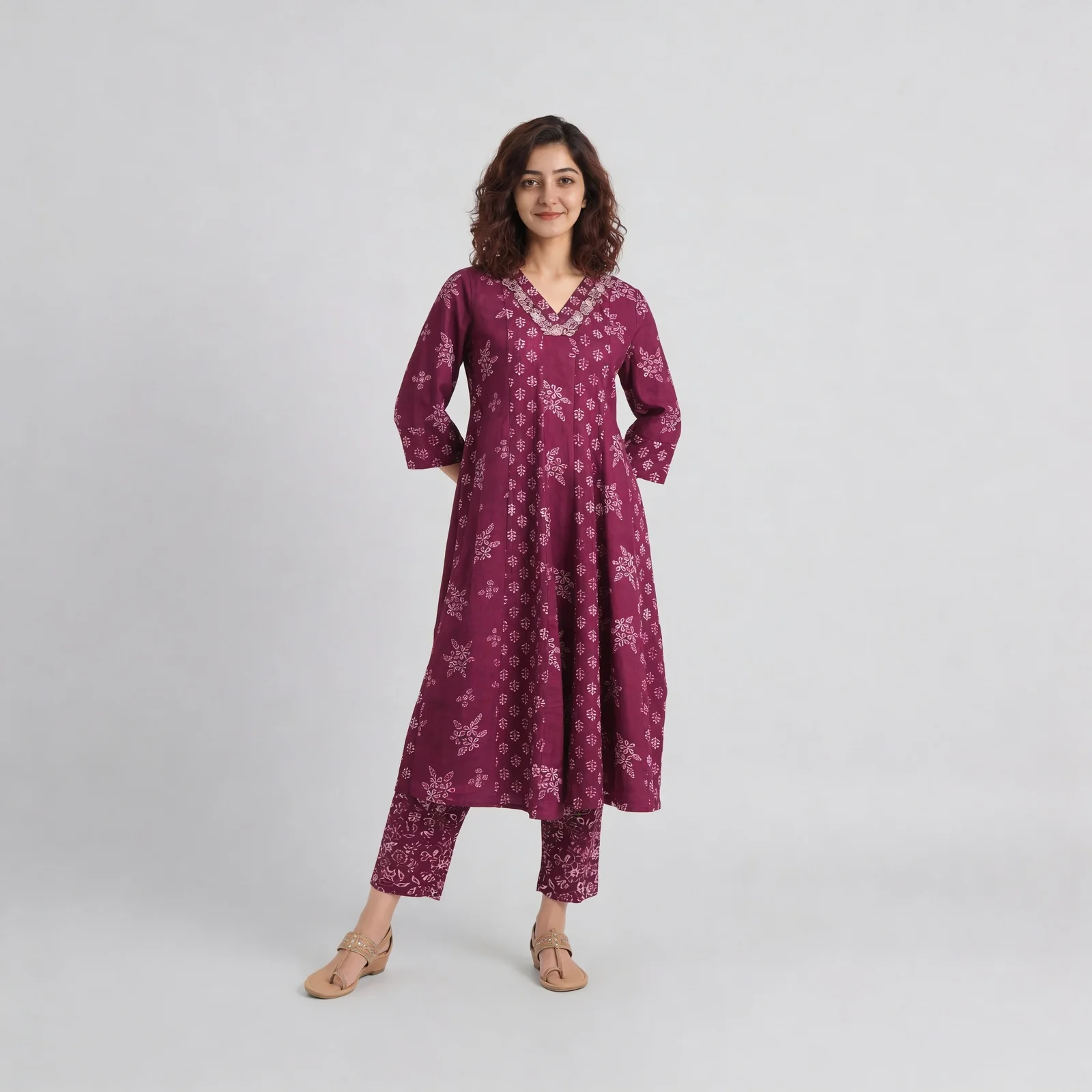 Cotton Printed V-Neck Kalidar Kurta - Image 2