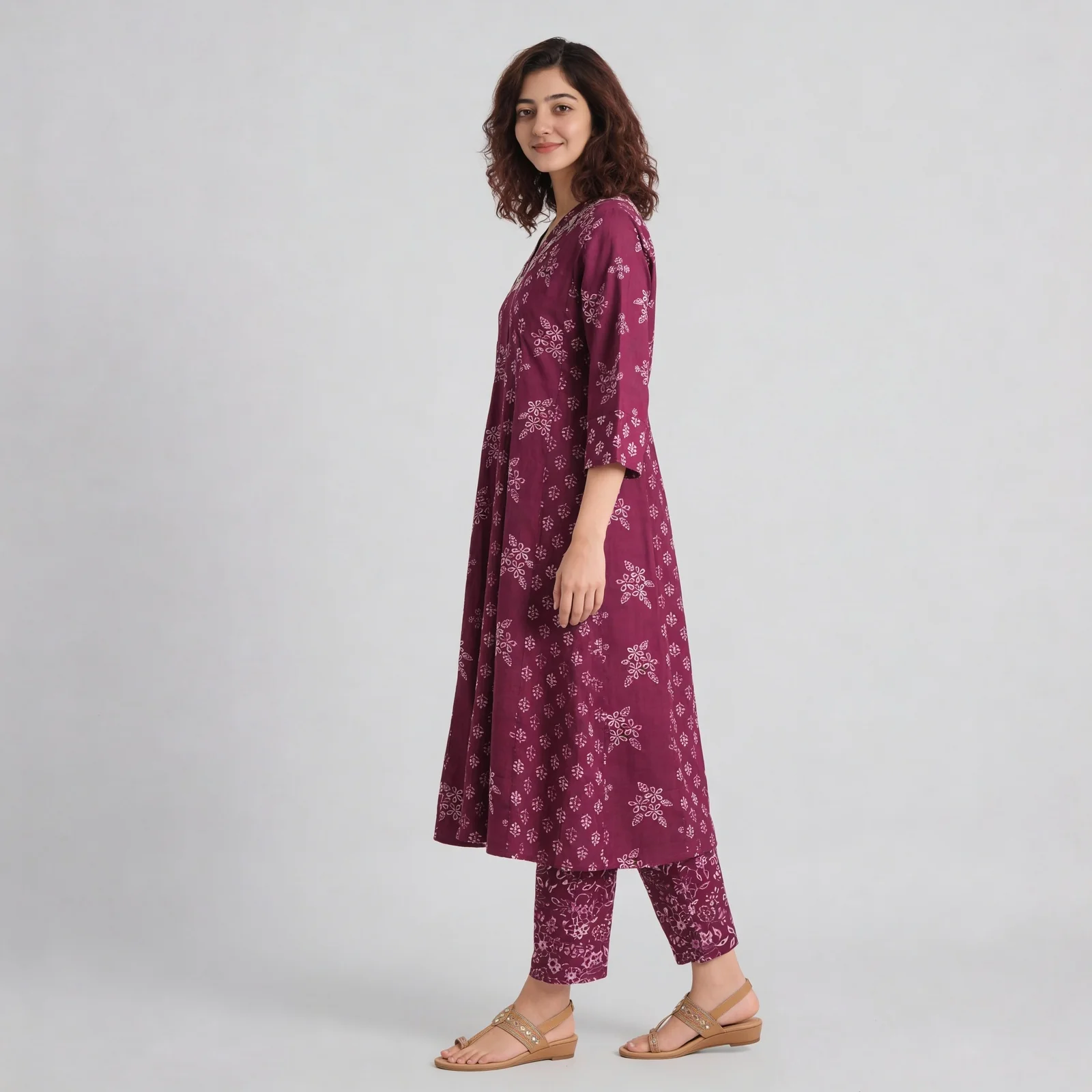 Cotton Printed V-Neck Kalidar Kurta - Image 4