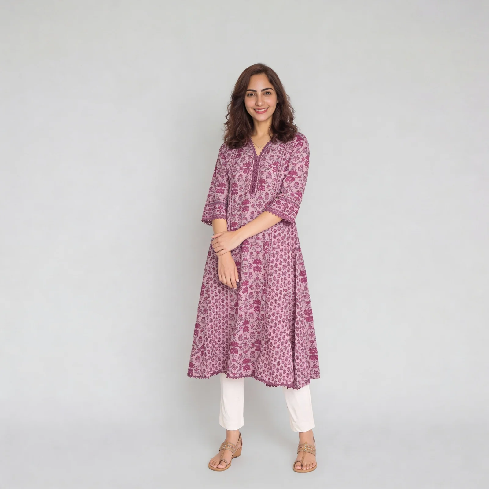 Cotton Printed V-Neck Kalidar Kurta - Image 2