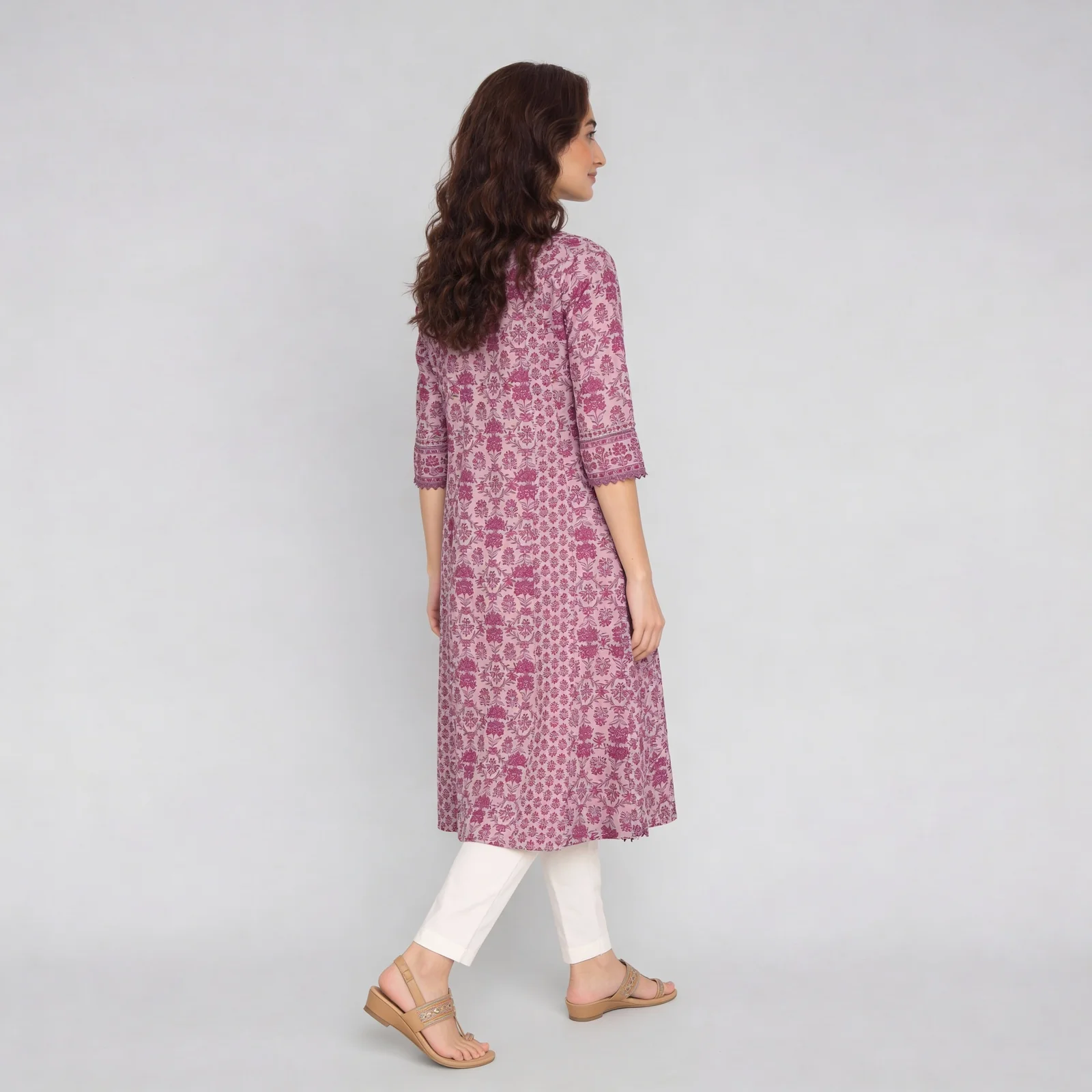 Cotton Printed V-Neck Kalidar Kurta - Image 3