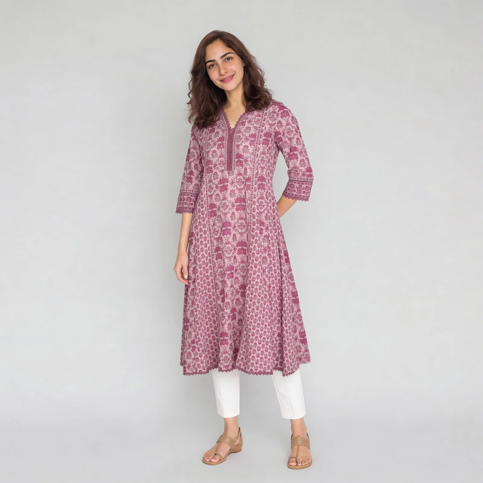 Cotton Printed V-Neck Kalidar Kurta - Image 4