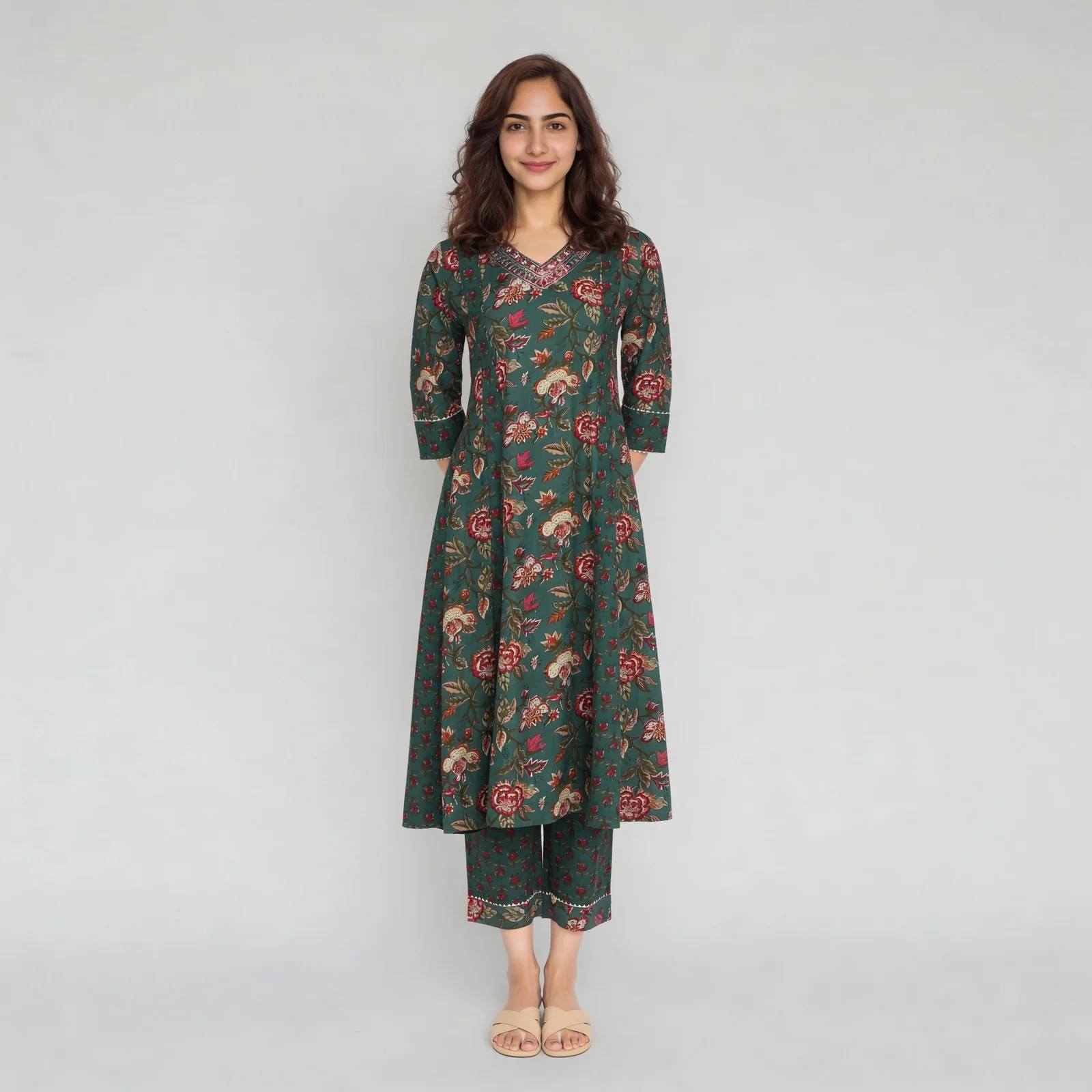 Cotton Printed V-Neck Kalidar Kurta - Image 2