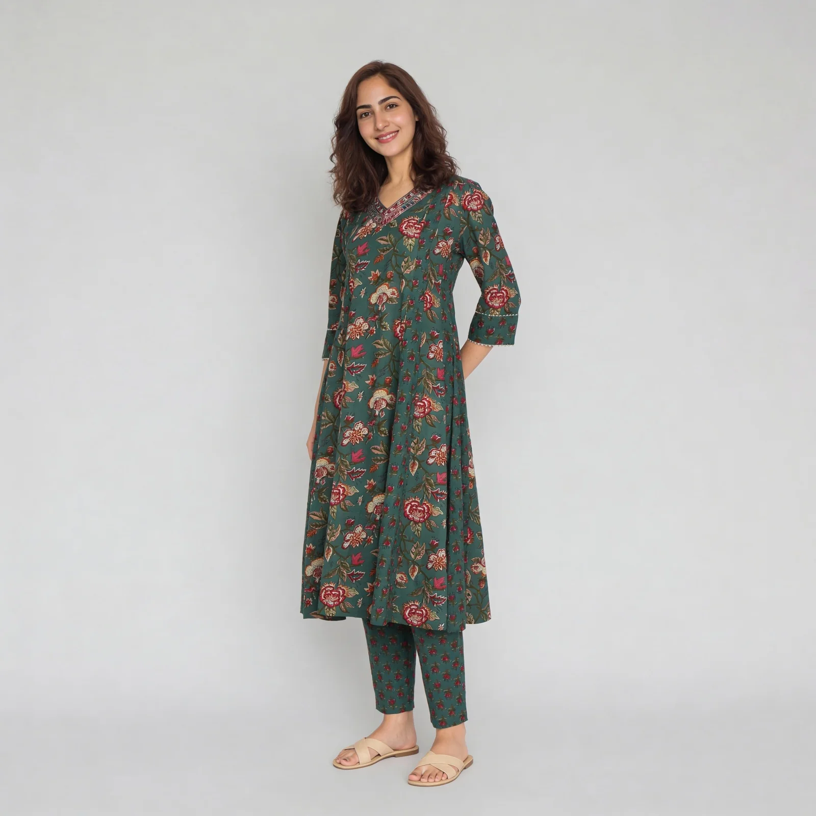 Cotton Printed V-Neck Kalidar Kurta - Image 4