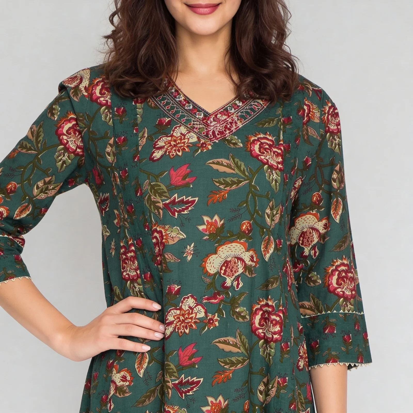 Cotton Printed V-Neck Kalidar Kurta - Image 5