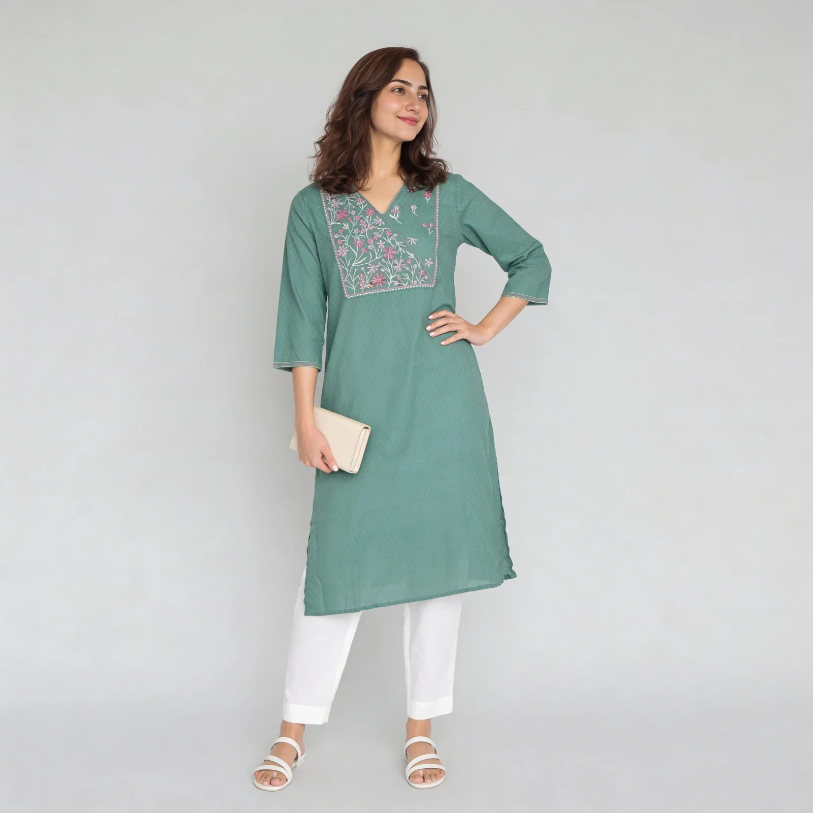 Embroidered Yoke V-Neck Kurta