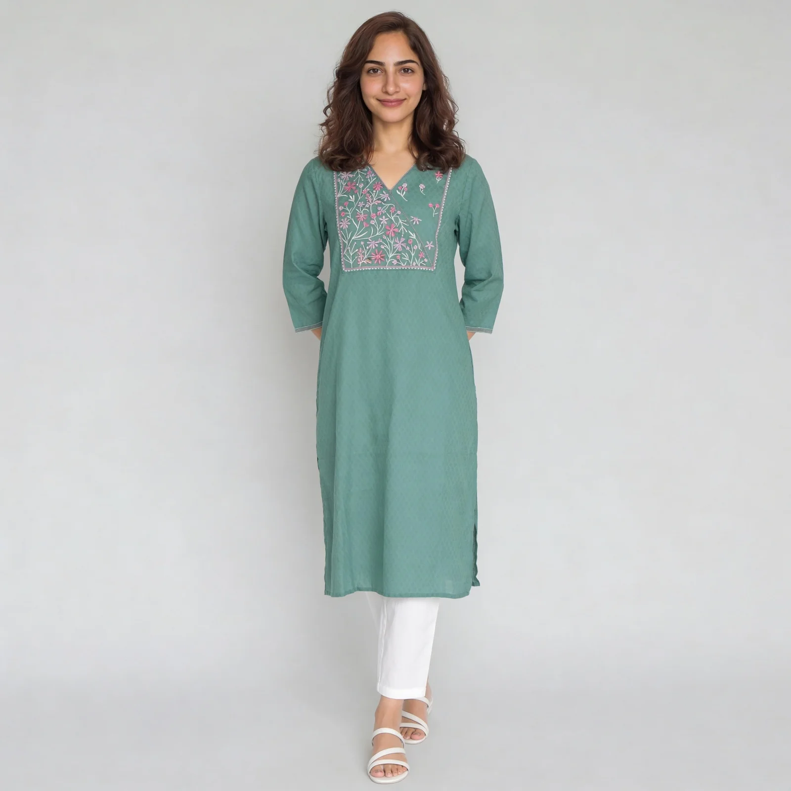 Embroidered Yoke V-Neck Kurta - Image 2
