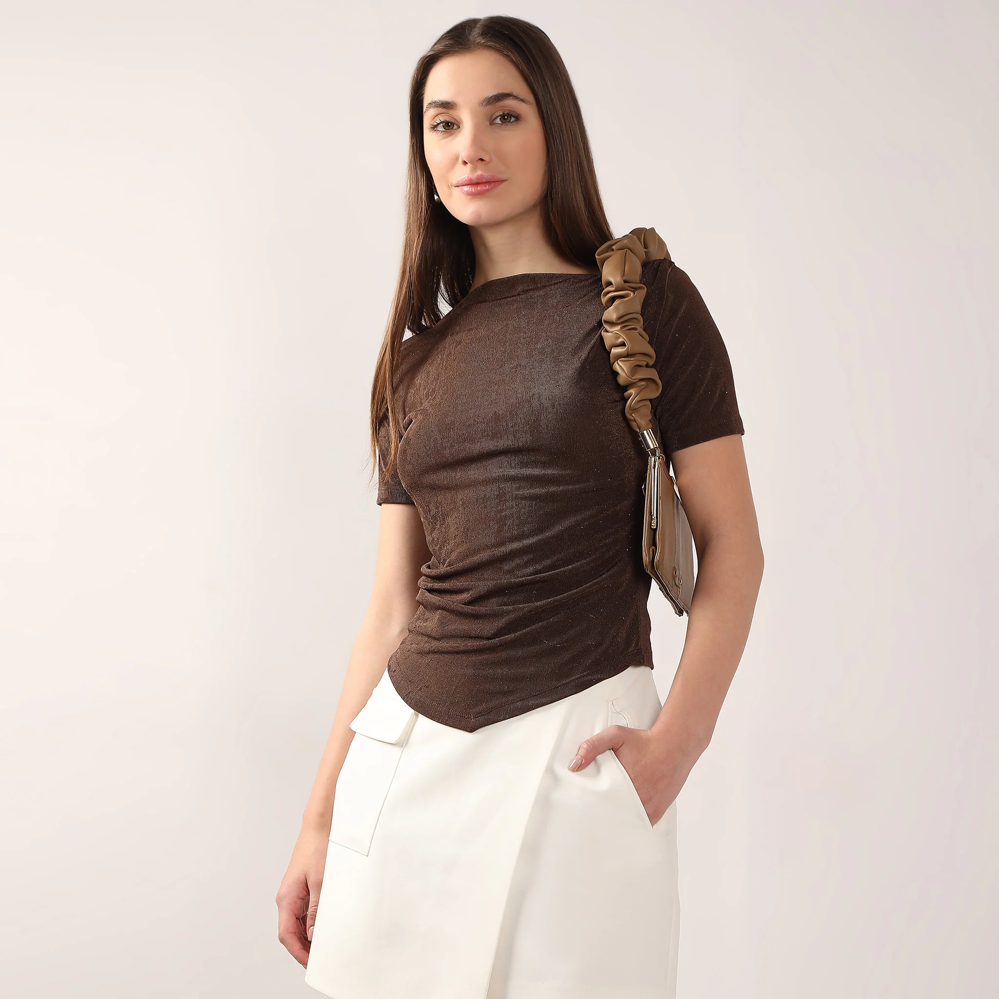 Cowl Neck - Asymmetrical Hemline Party Top - Short Sleeve - Image 2