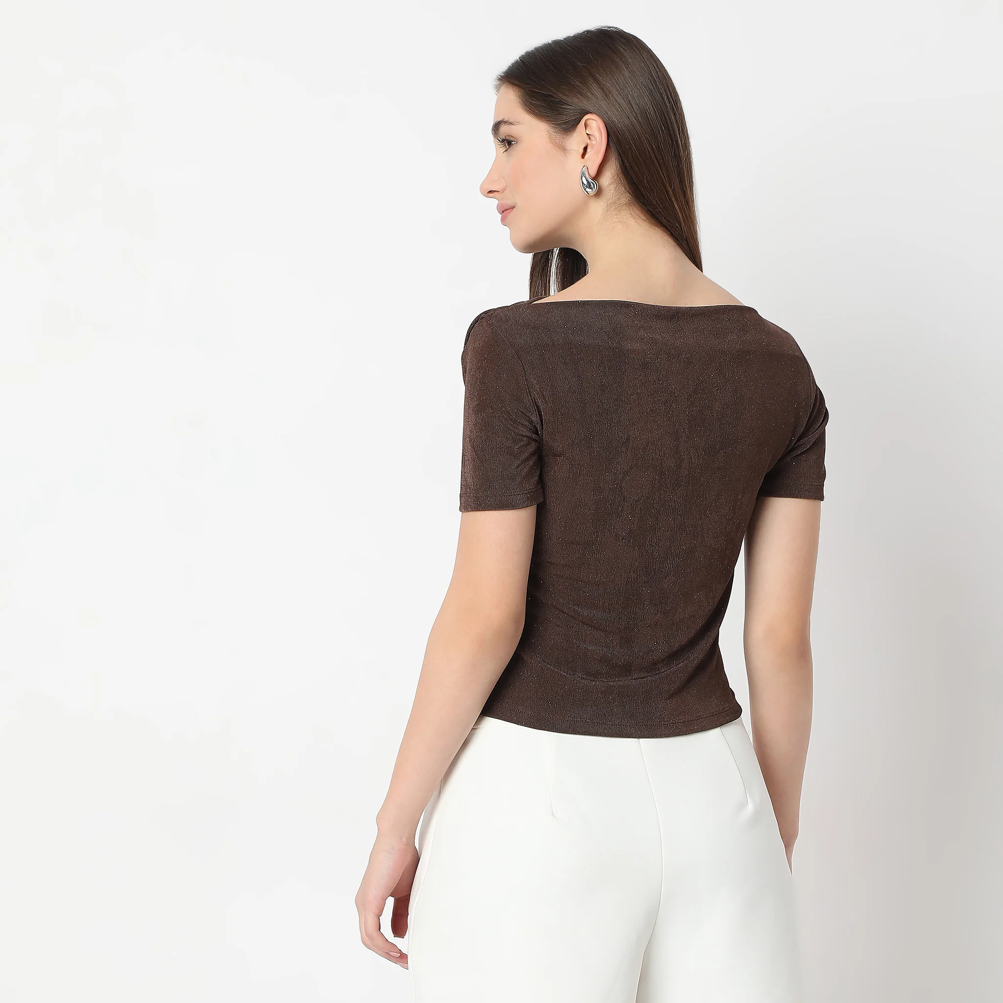 Cowl Neck - Asymmetrical Hemline Party Top - Short Sleeve - Image 3