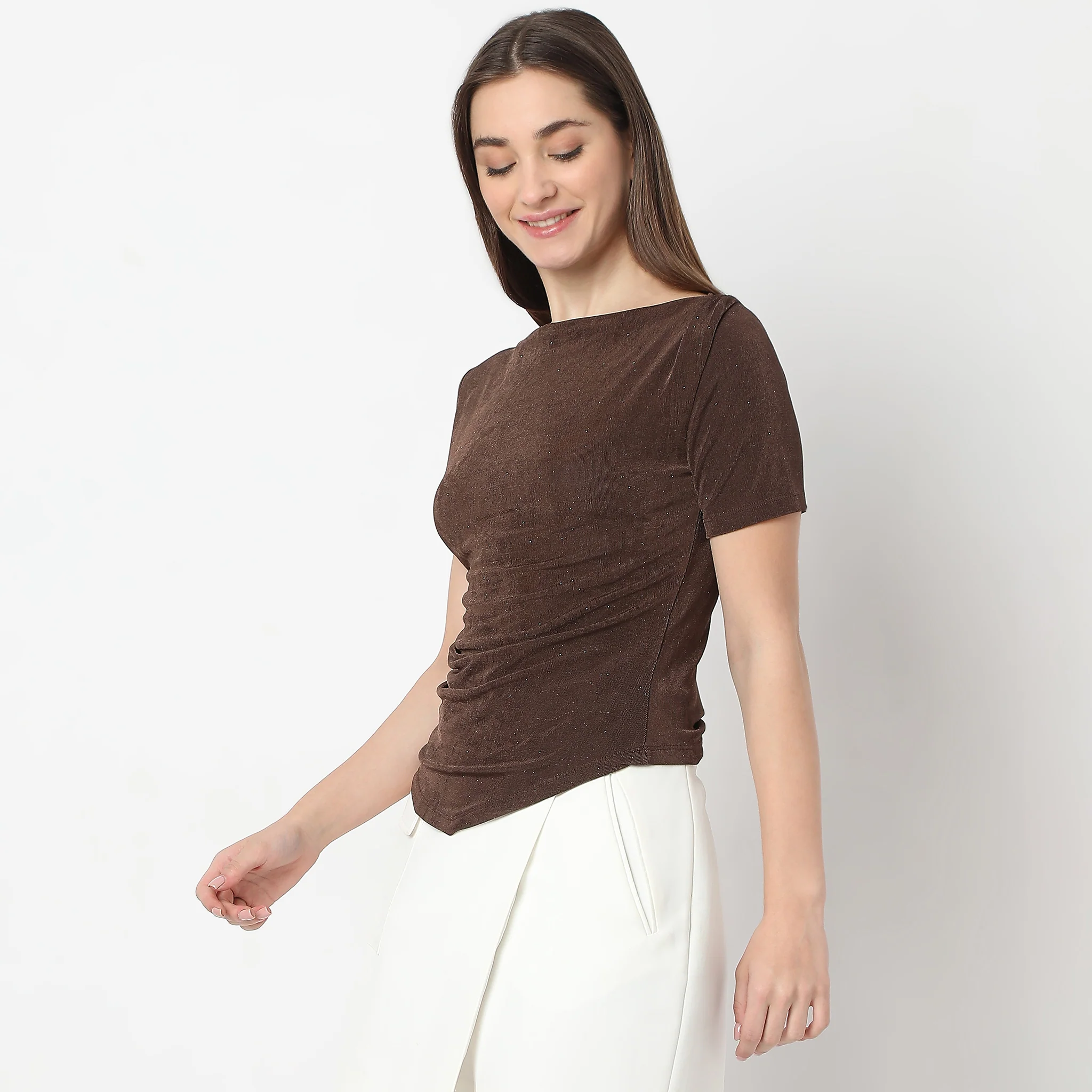 Cowl Neck - Asymmetrical Hemline Party Top - Short Sleeve - Image 5