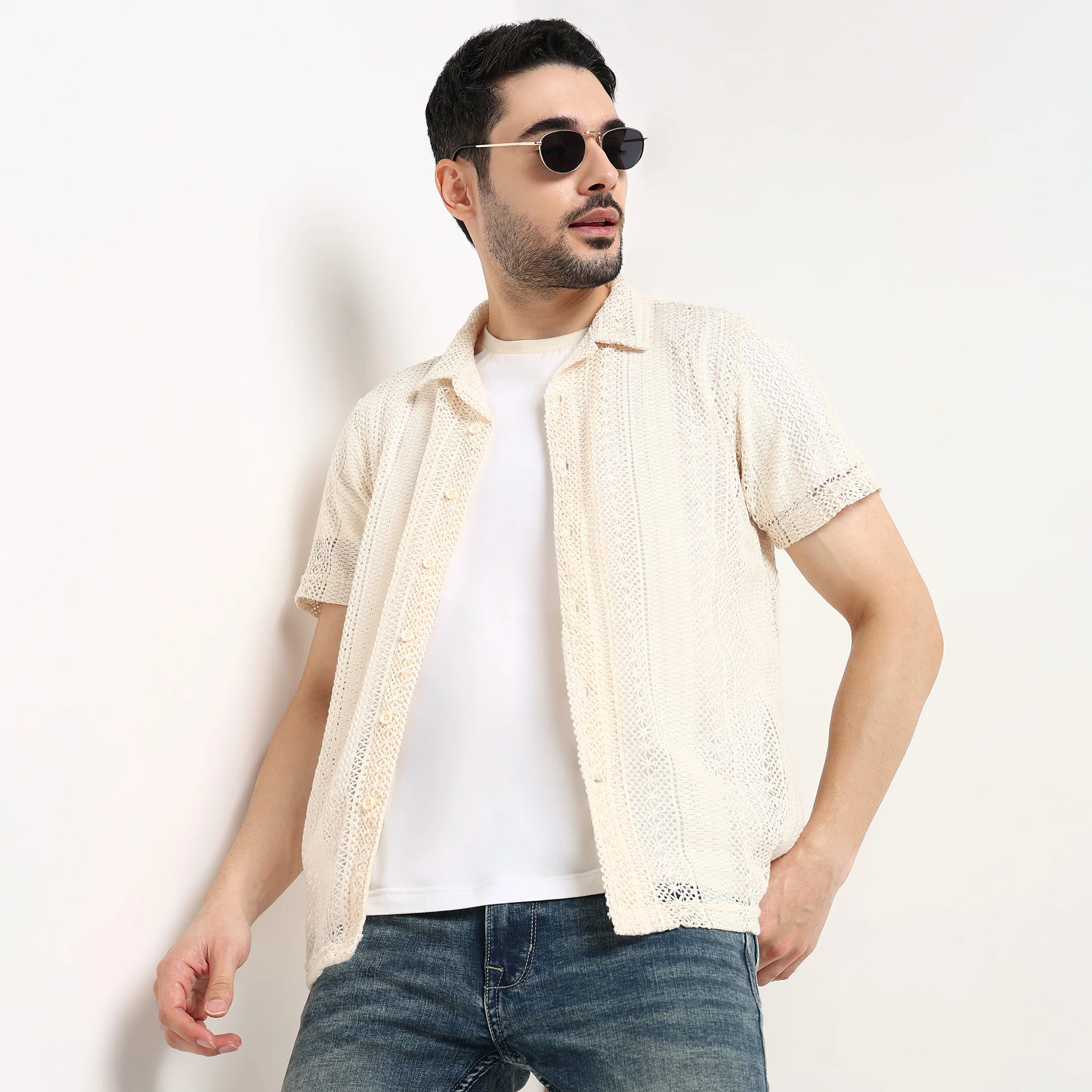 Crochet Camp Collar Cotton Shirt