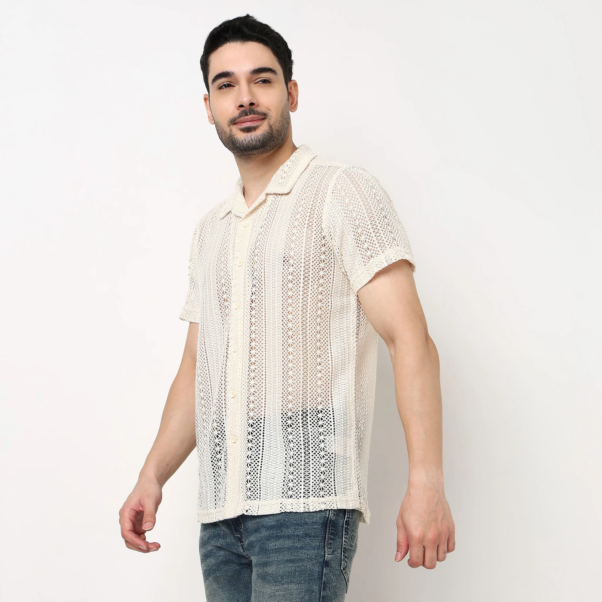 Crochet Camp Collar Cotton Shirt - Image 13