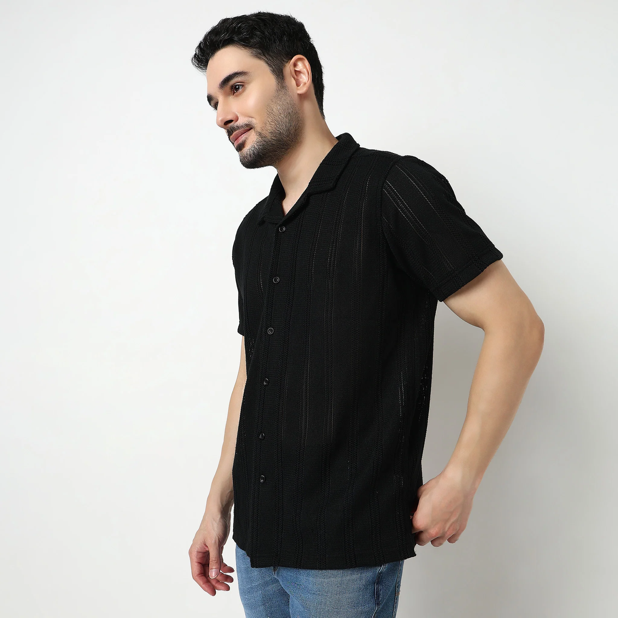 Crochet Camp Collar Cotton Shirt - Image 14
