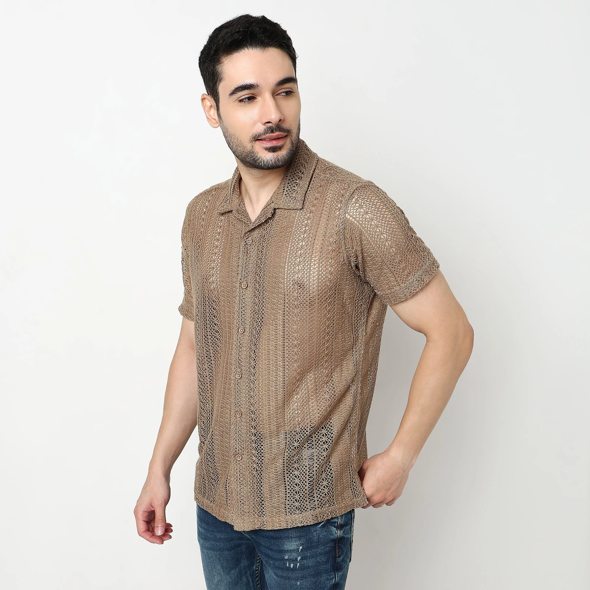 Crochet Camp Collar Cotton Shirt - Image 15