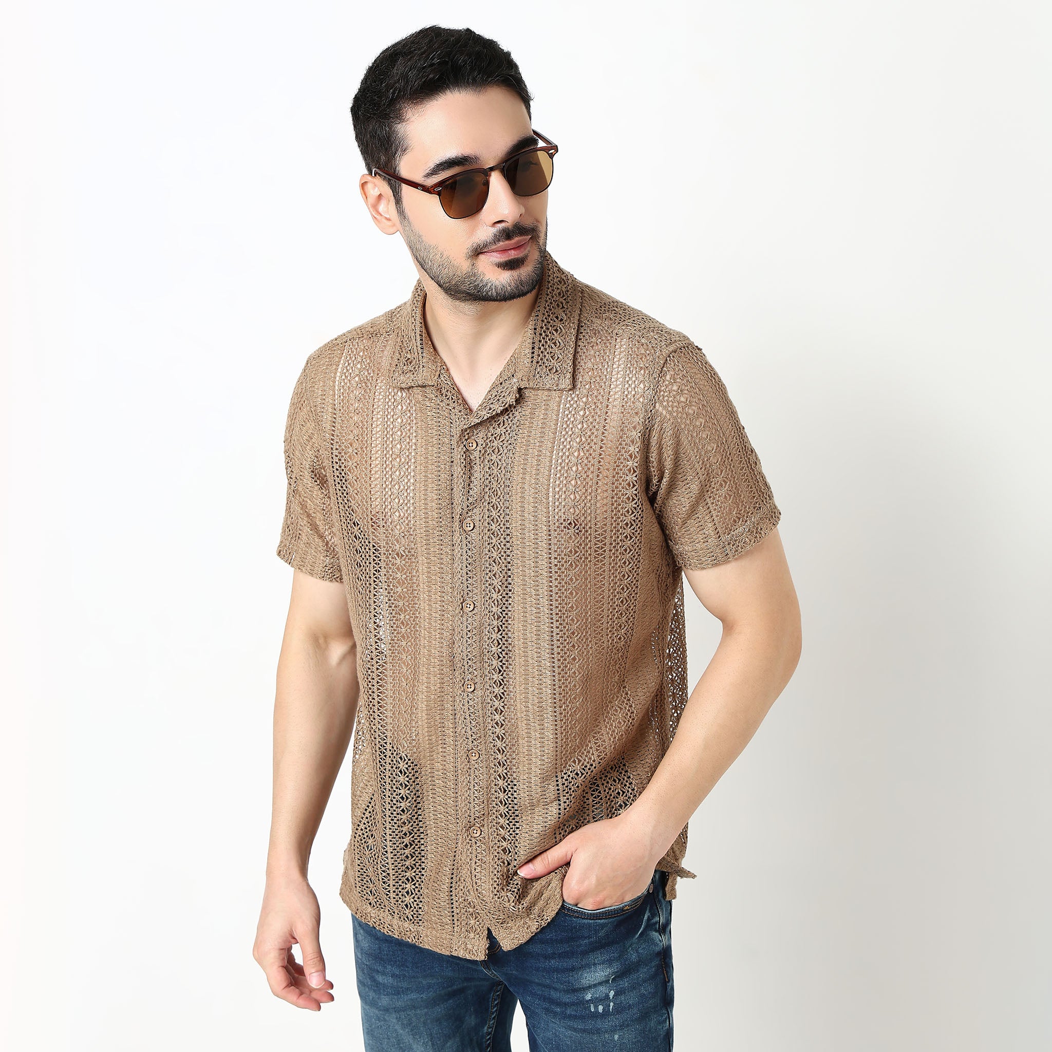 Crochet Camp Collar Cotton Shirt - Image 3