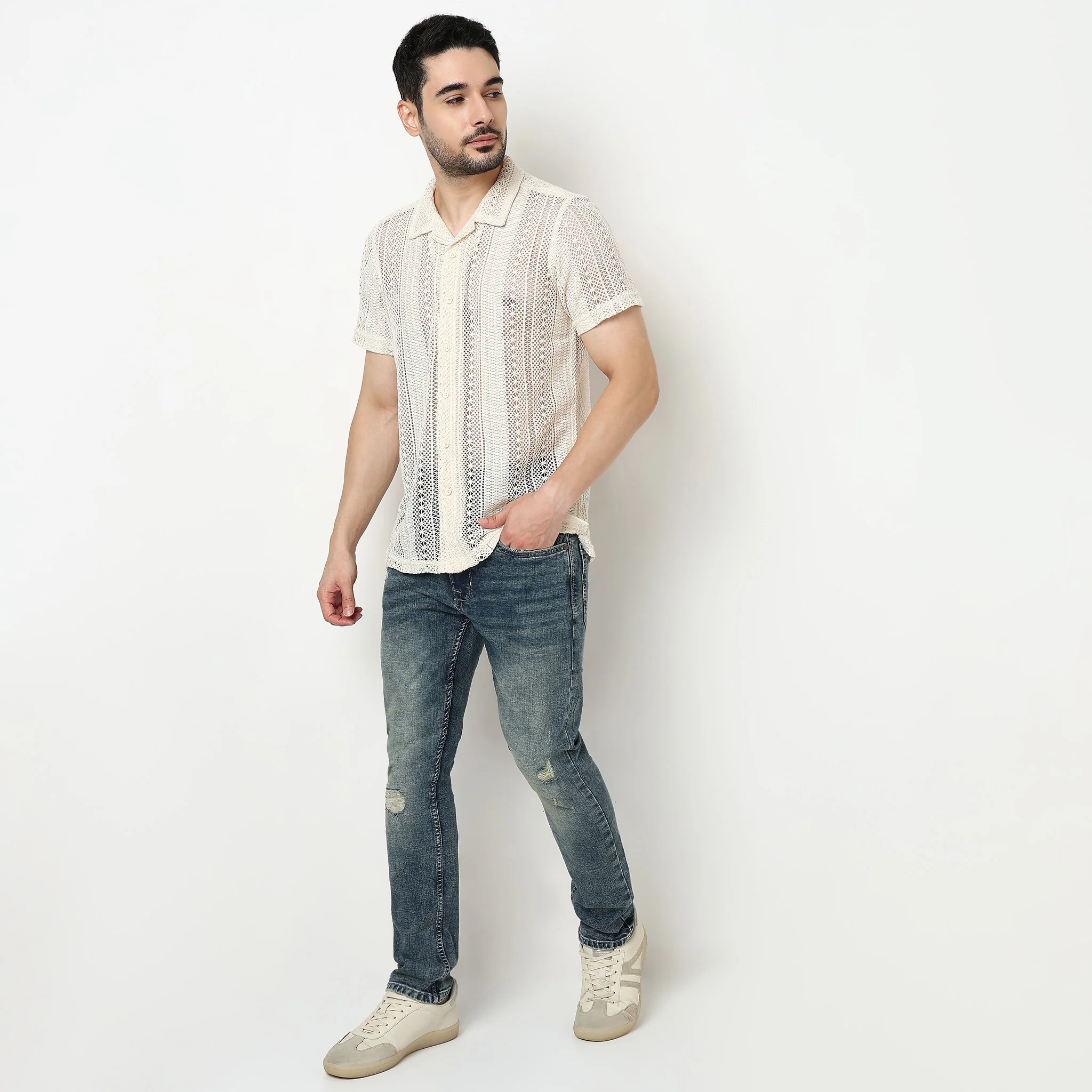 Crochet Camp Collar Cotton Shirt - Image 4