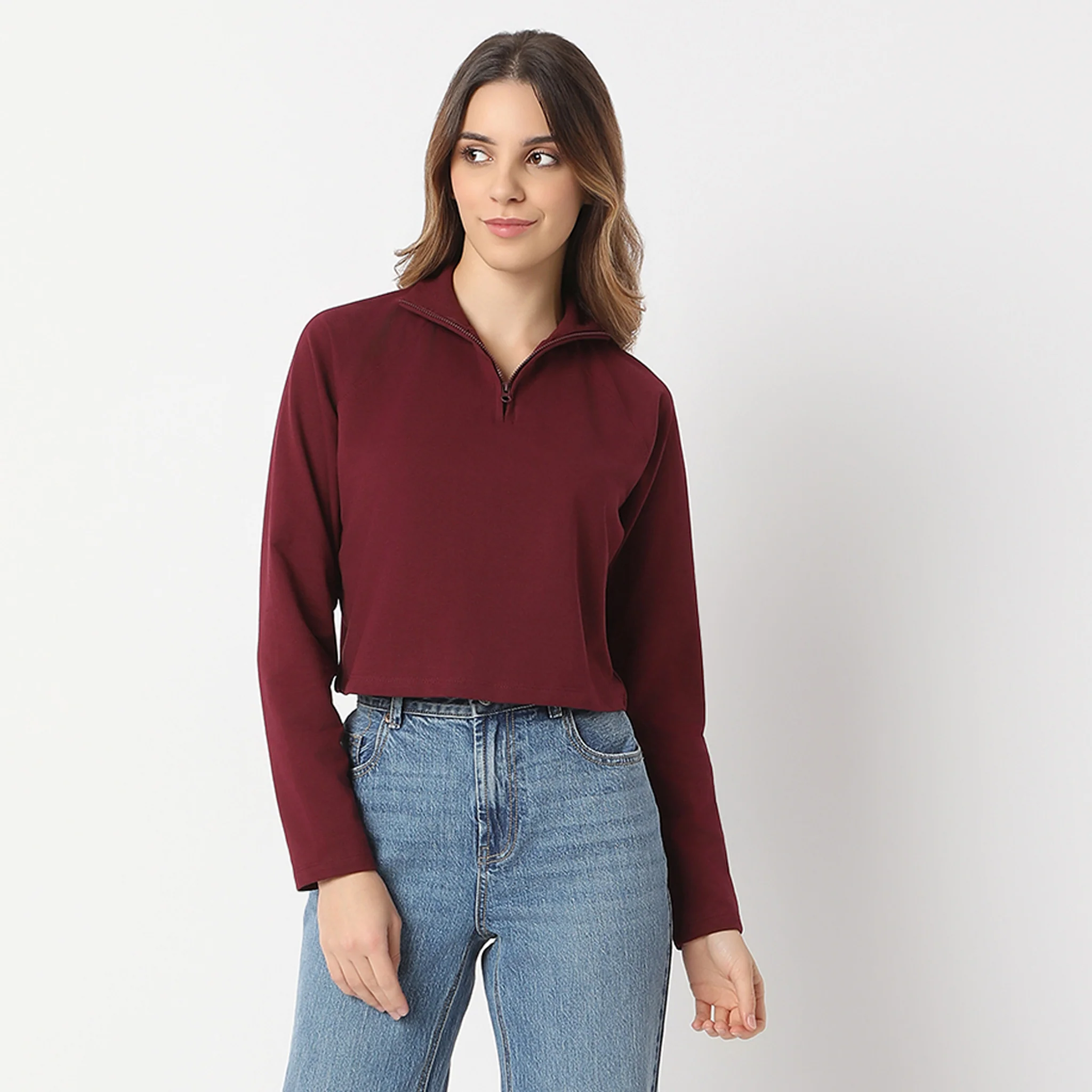 Crop Length Quarter Zip Straight Knit Sweat Tee - Image 2