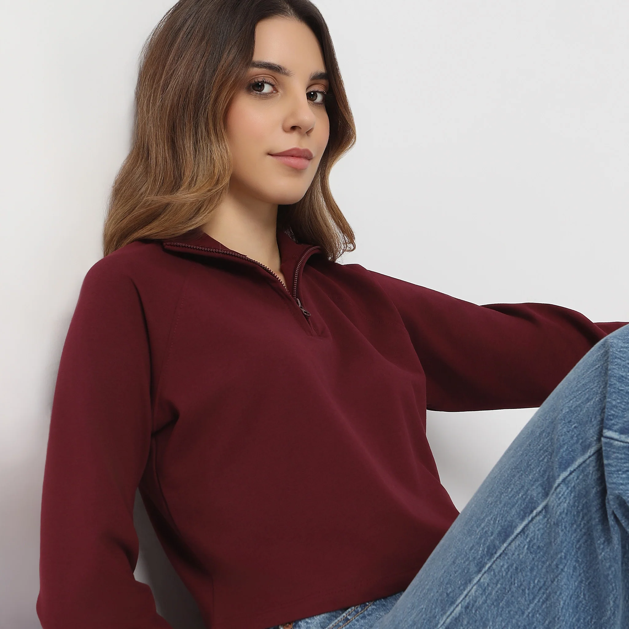 Crop Length Quarter Zip Straight Knit Sweat Tee - Image 4