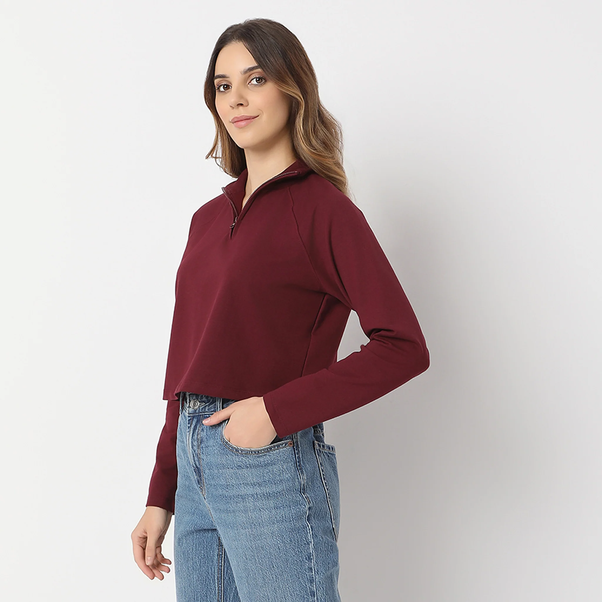 Crop Length Quarter Zip Straight Knit Sweat Tee - Image 5