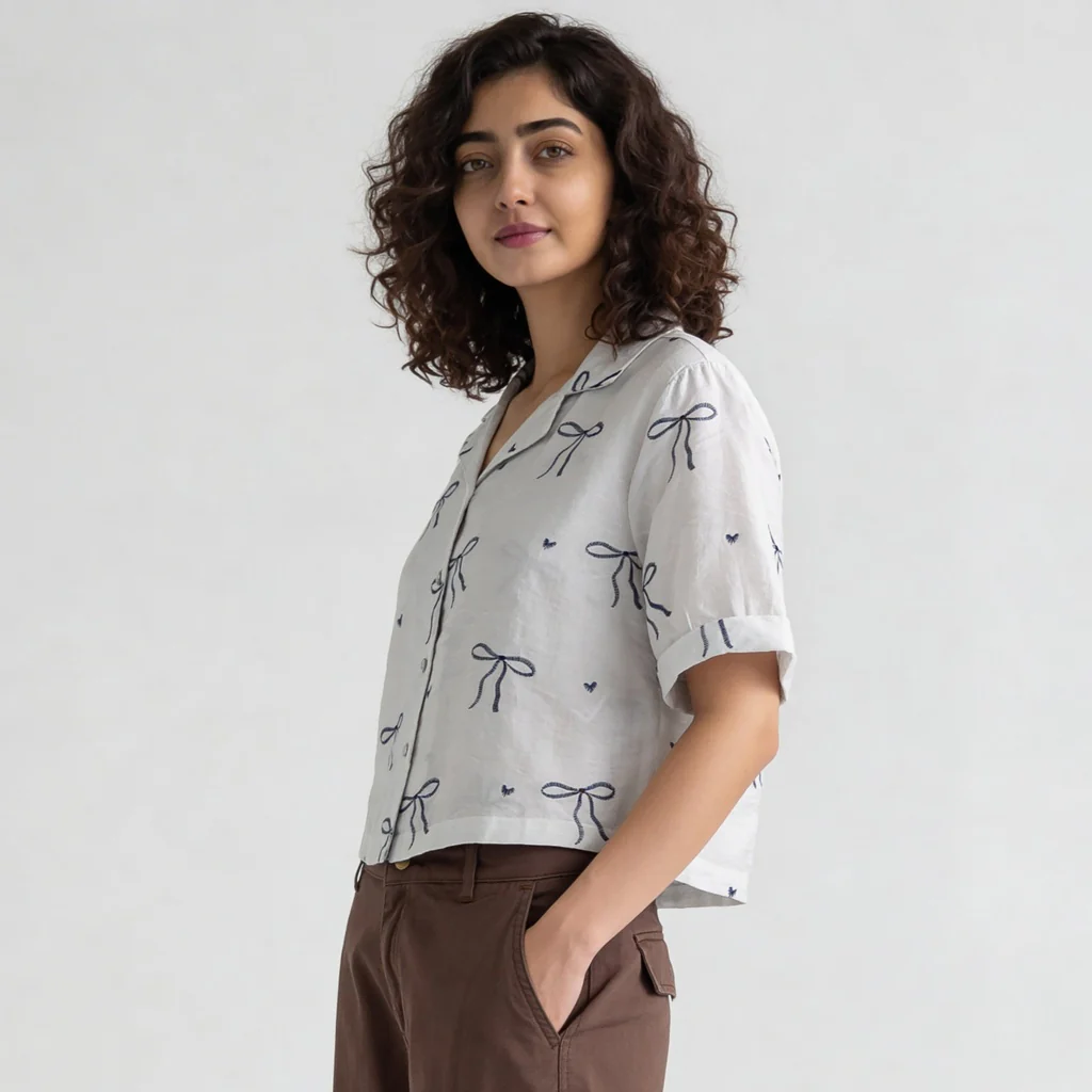 Crop Shirt With Bow Print Detail - Image 5
