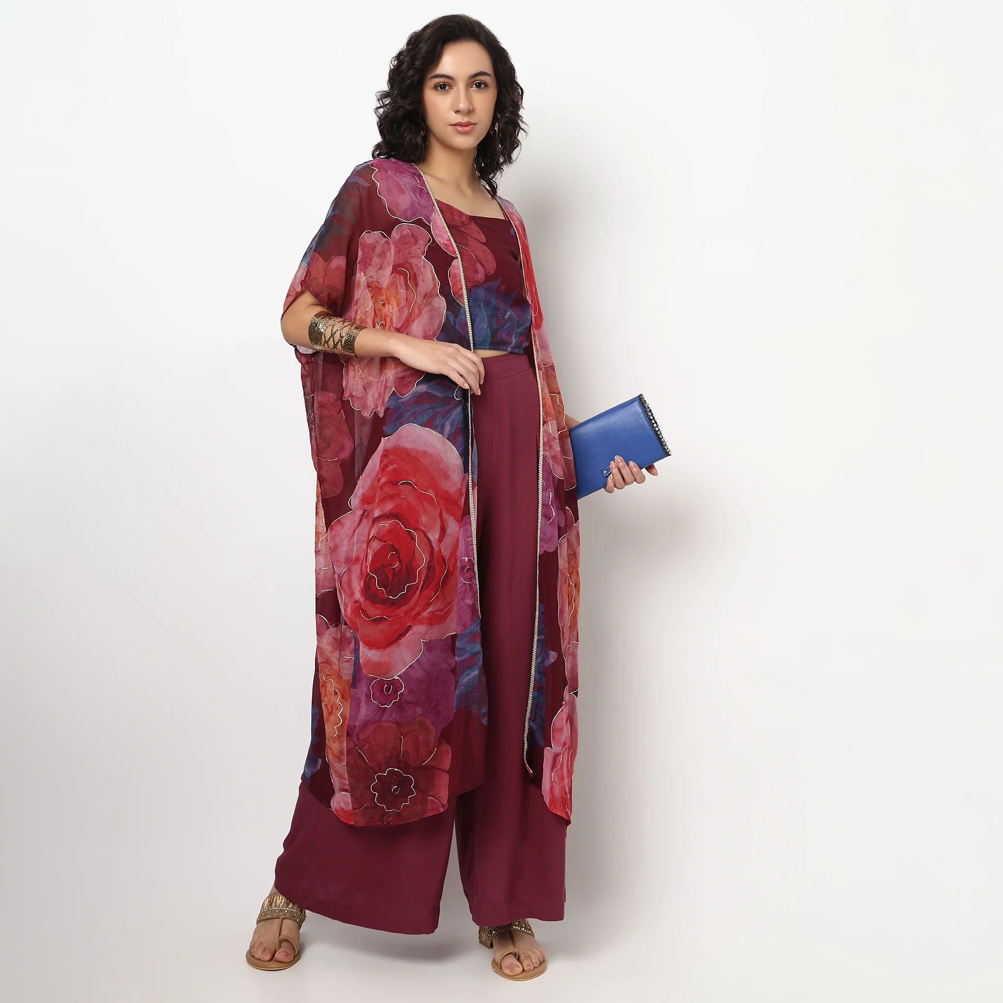 Printed Cape with Strappy Crop Top and Pants