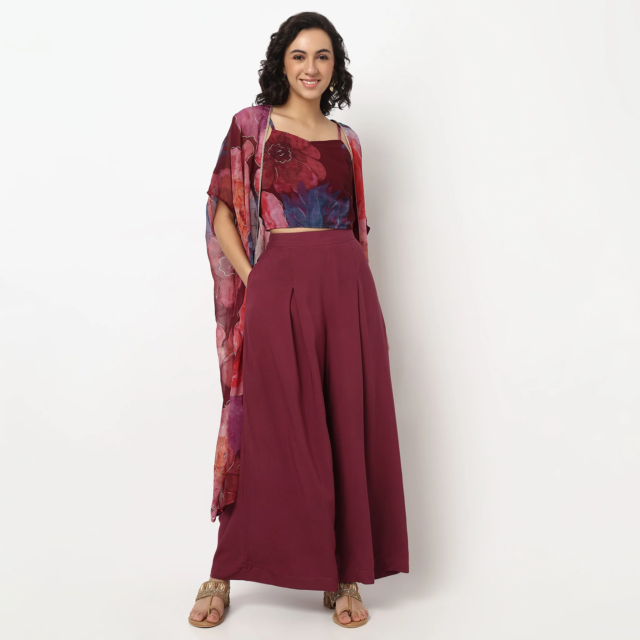 Printed Cape with Strappy Crop Top and Pants - Image 2