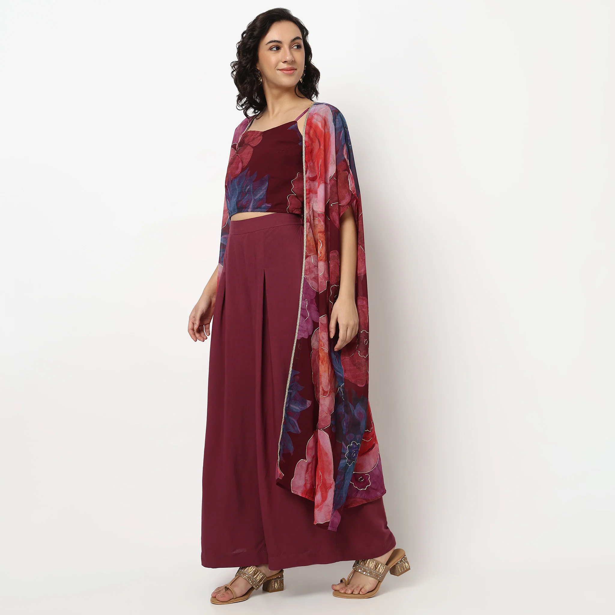 Printed Cape with Strappy Crop Top and Pants - Image 5