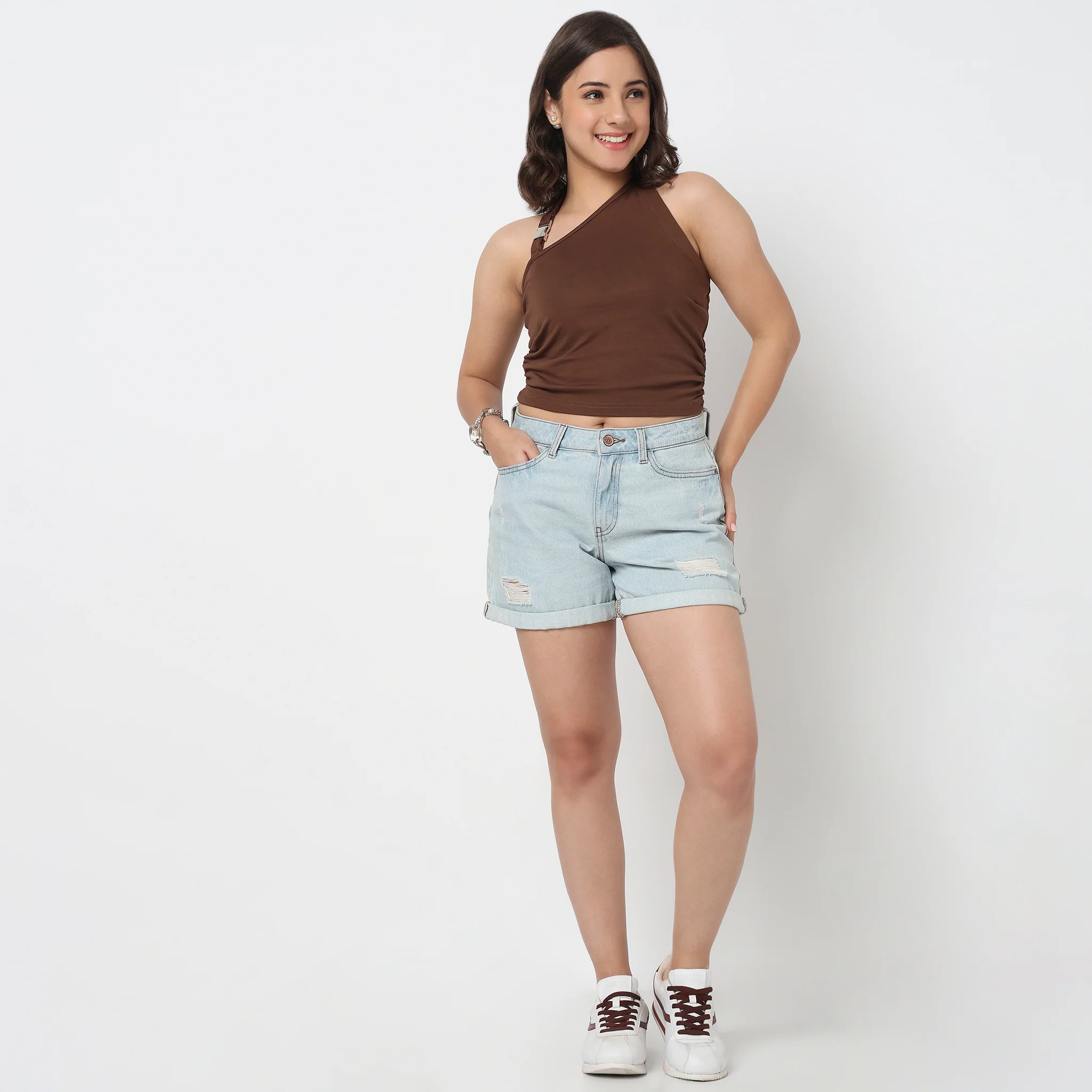 Cropped One Shoulder Ruched Top With Metal Adjuster