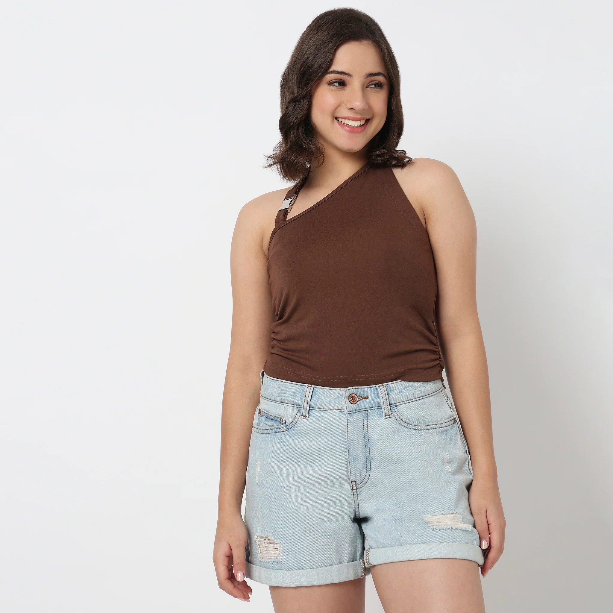 Cropped One Shoulder Ruched Top With Metal Adjuster - Image 2