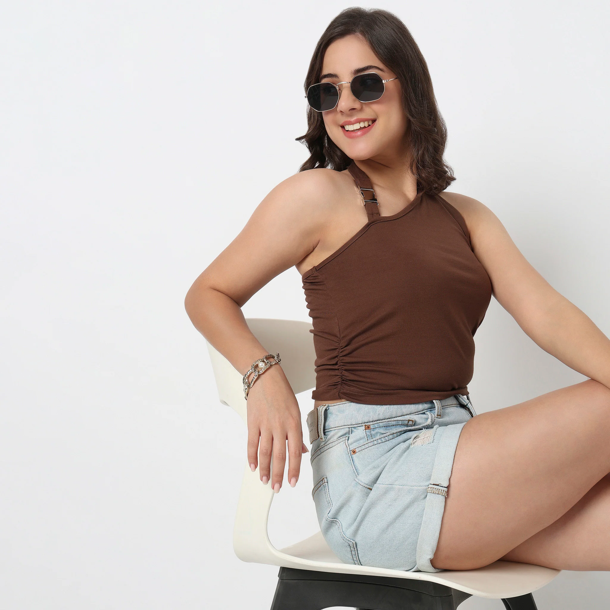 Cropped One Shoulder Ruched Top With Metal Adjuster - Image 5