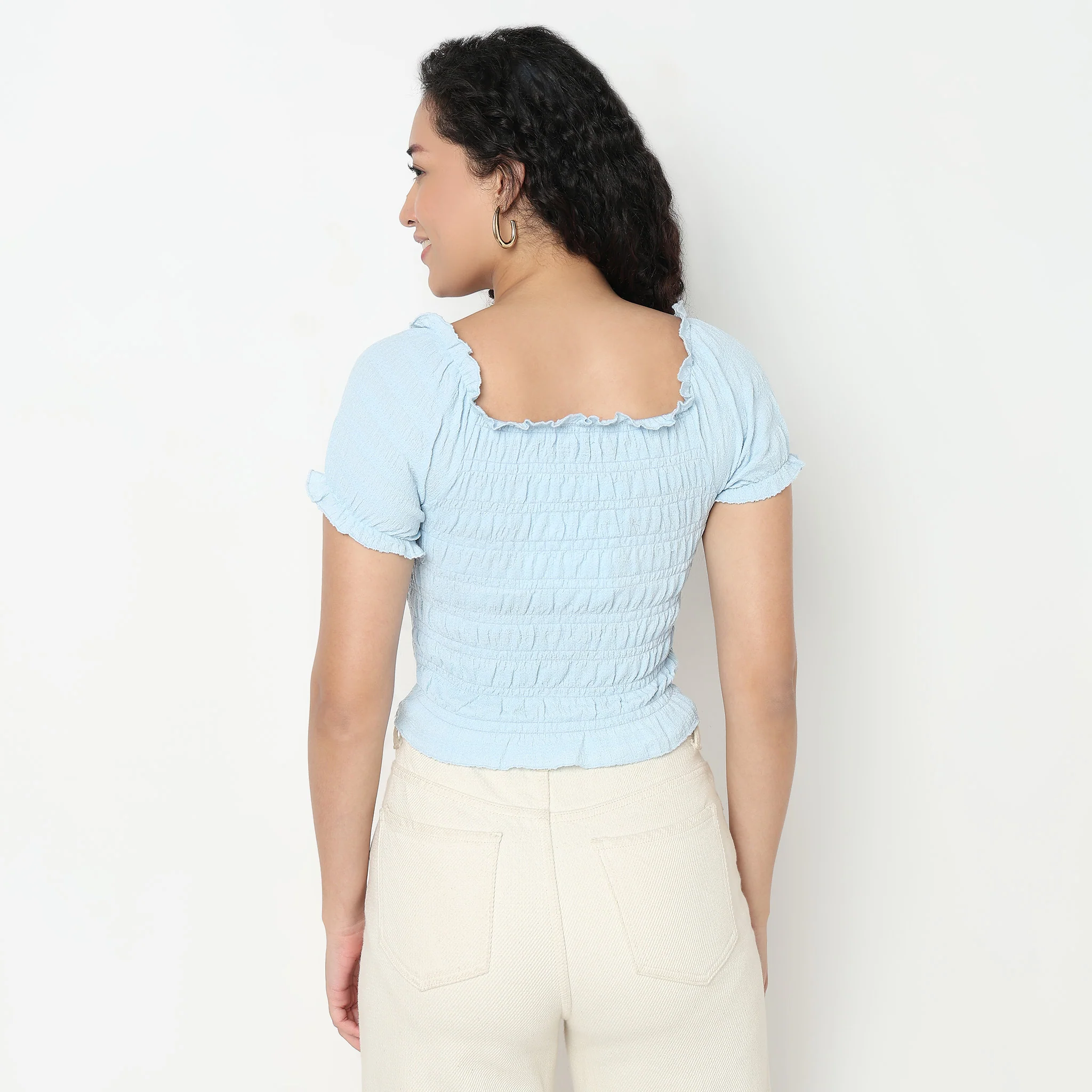Smocking Detail Square Neck Cropped Top - Image 3