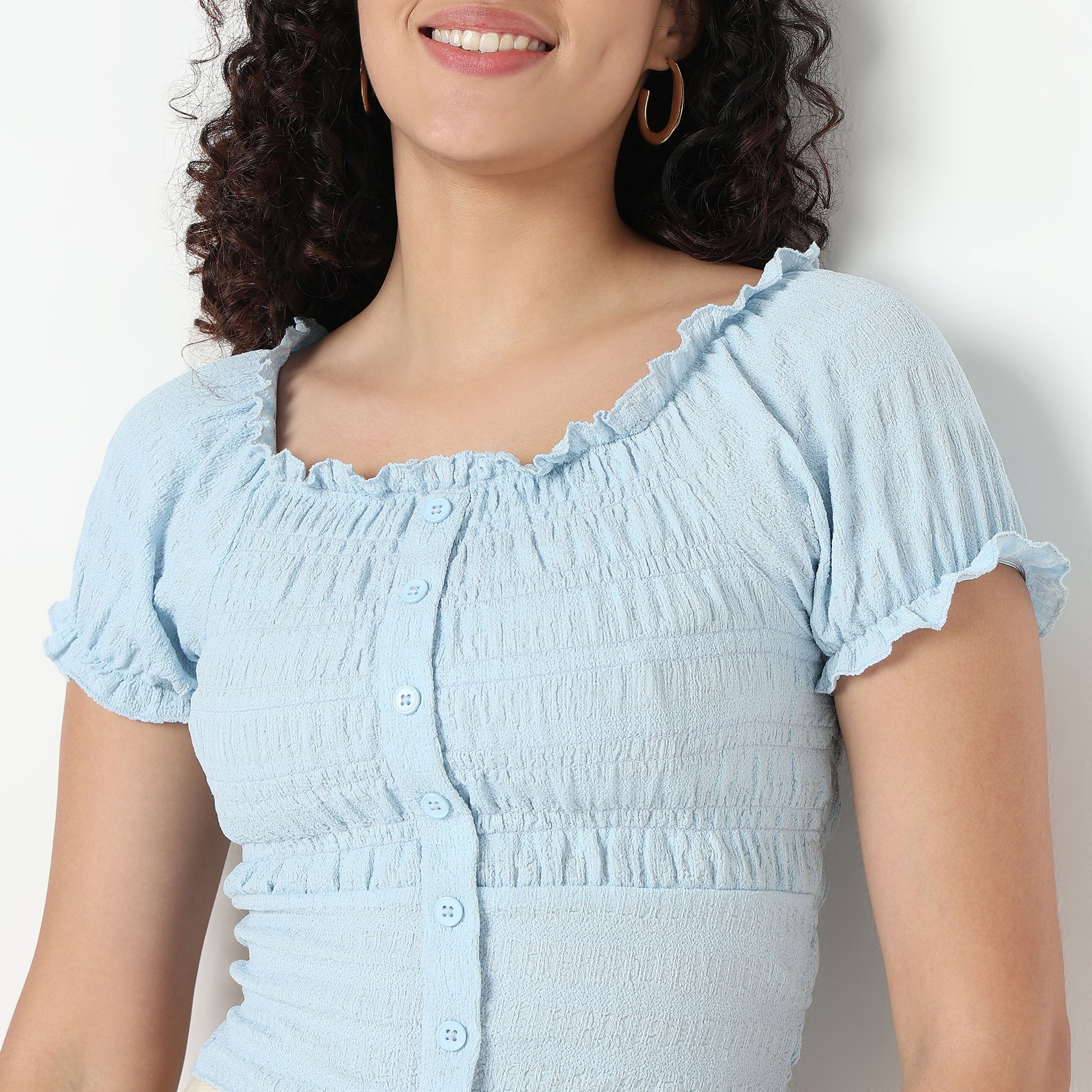 Smocking Detail Square Neck Cropped Top - Image 4